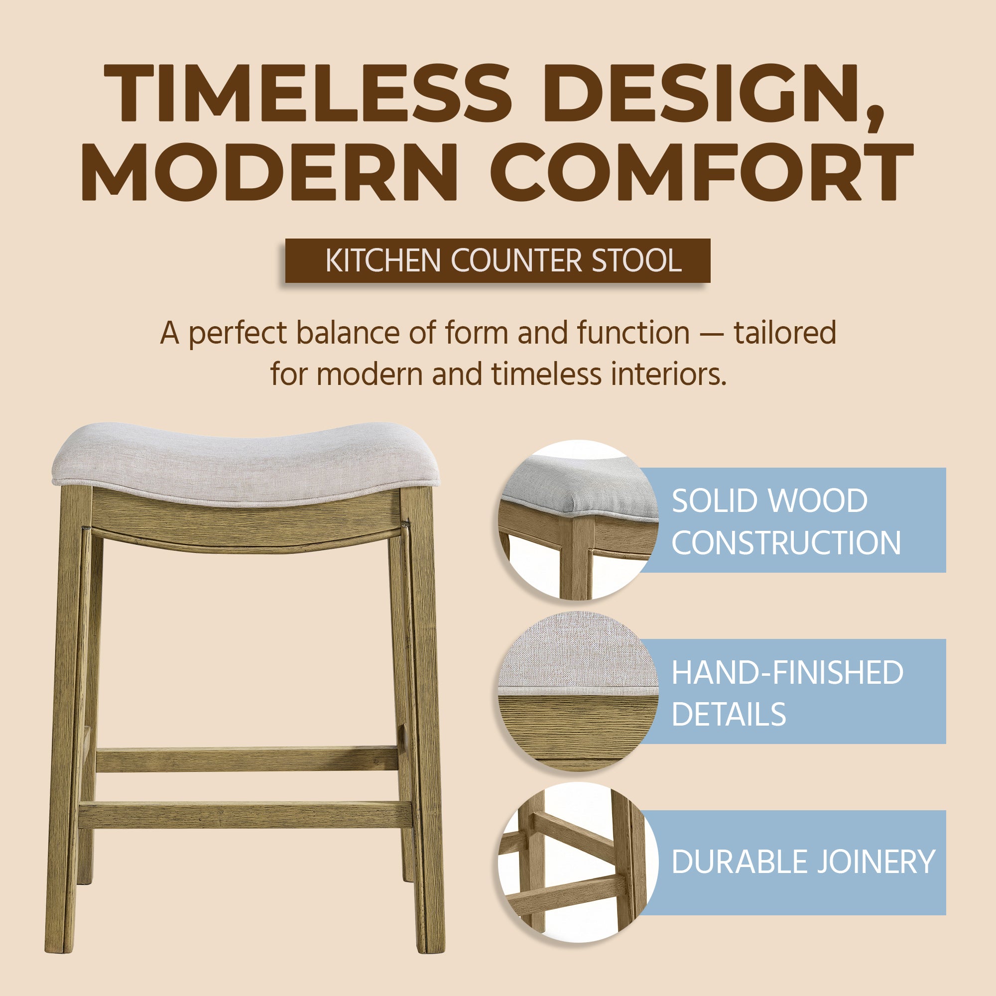 ROME + OAK Parker Backless Saddle Counter Stool, Natural, Cream Upholstery, 3 Pack