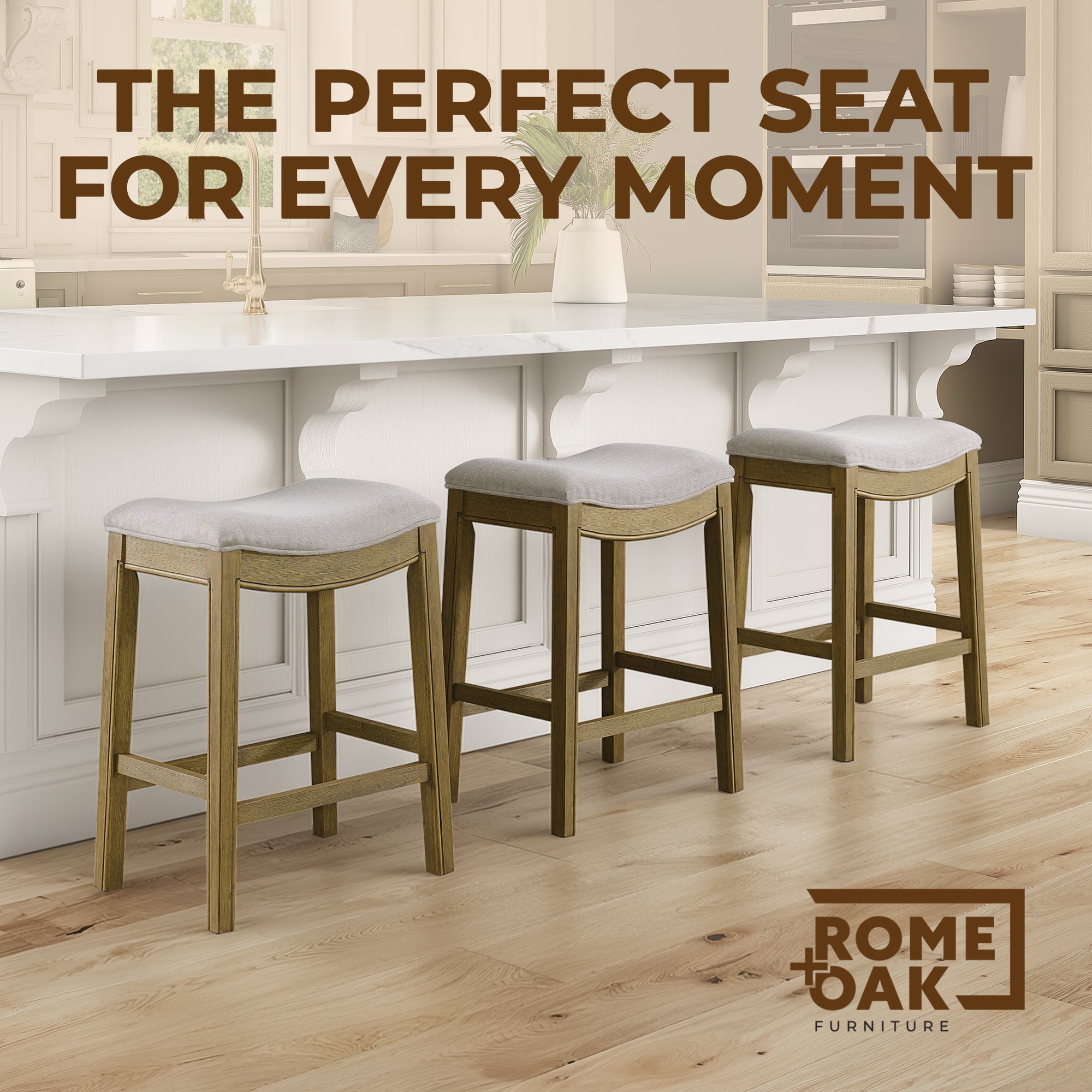 ROME + OAK Parker Backless Saddle Counter Stool, Natural, Cream Upholstery, 3 Pack