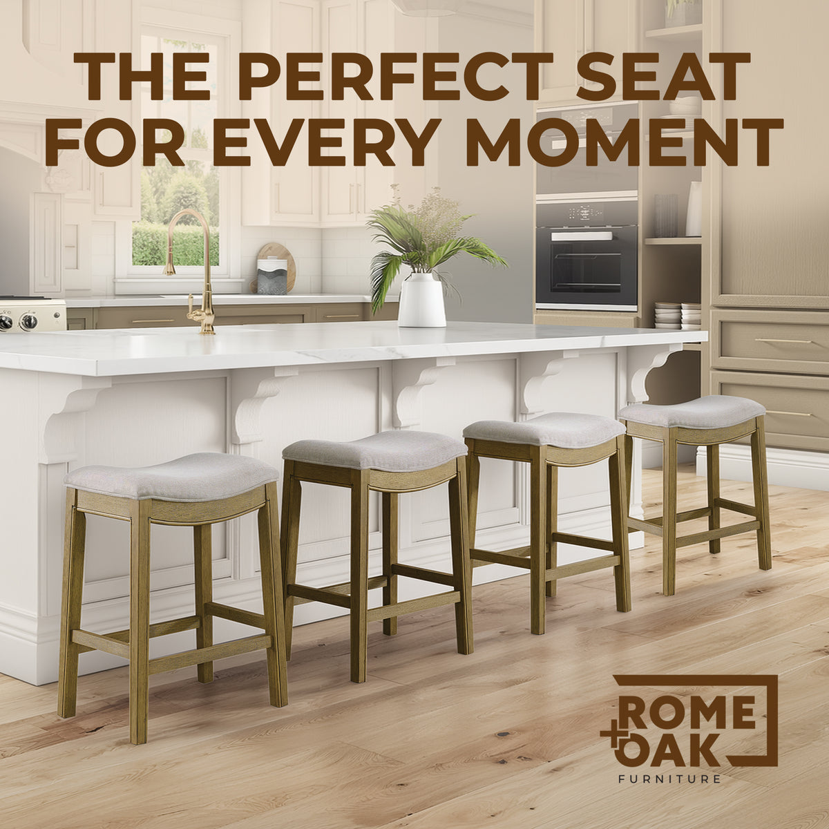 ROME + OAK Parker Backless Saddle Counter Stool, Natural, Cream Upholstery, 4 Pack