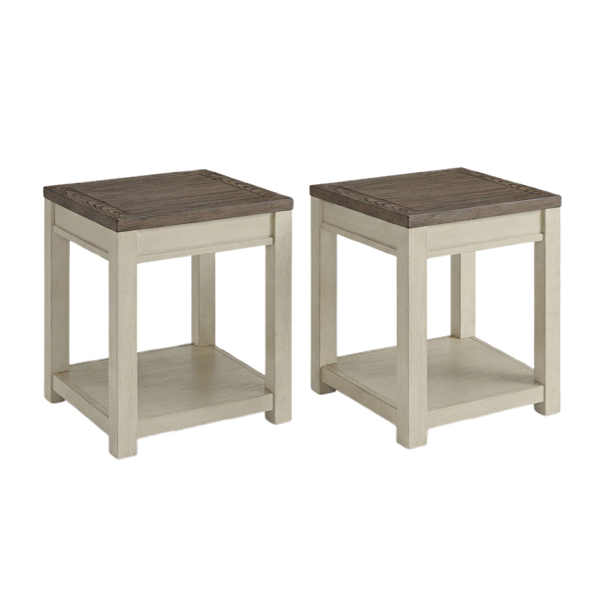 ROME + OAK Tate Farmhouse Wood End Table with Shelf, Brown and Cream, 2 Pack