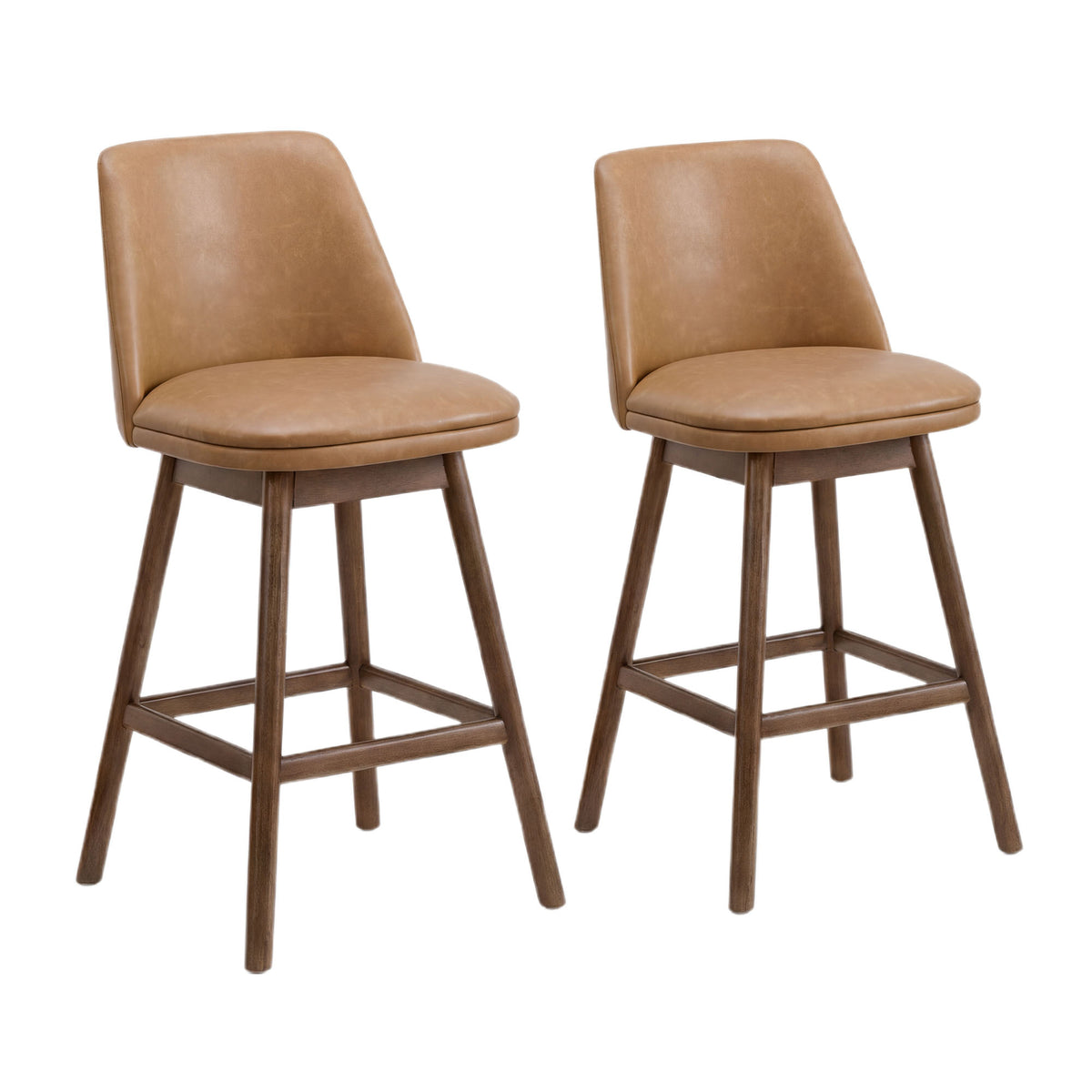 ROME + OAK Rowan 26" Swivel Counter Stool, Walnut Finish & Brown Leather, 2 Pack