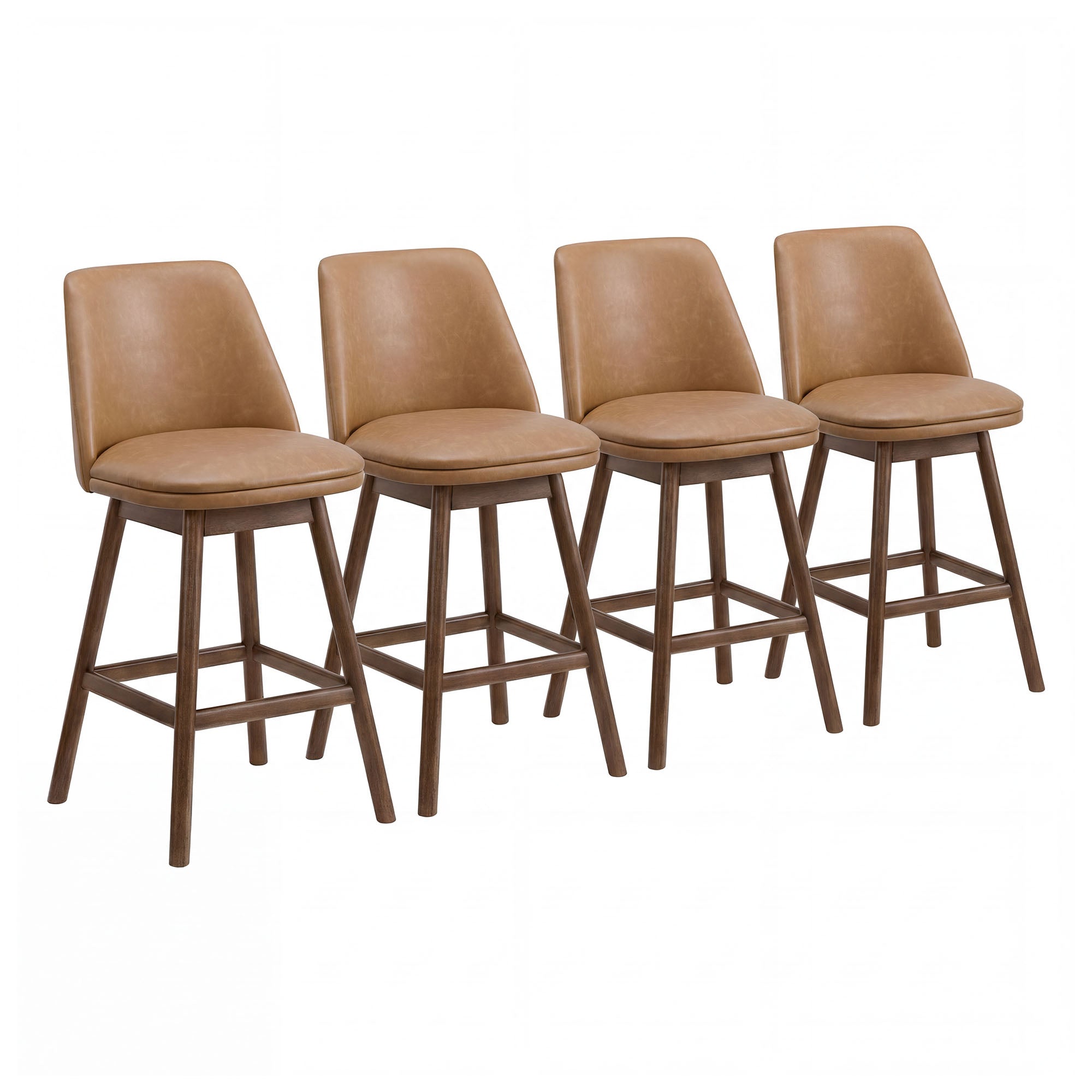 ROME + OAK Rowan 26" Swivel Counter Stool, Walnut Finish & Brown Leather, 4 Pack