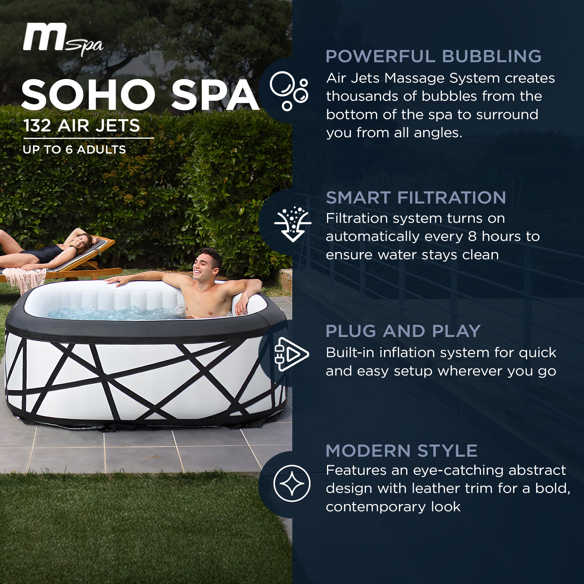 MSpa Soho Square Inflatable Bubble Massage Spa for 4-6 Person, Energy-Saving - VMInnovations