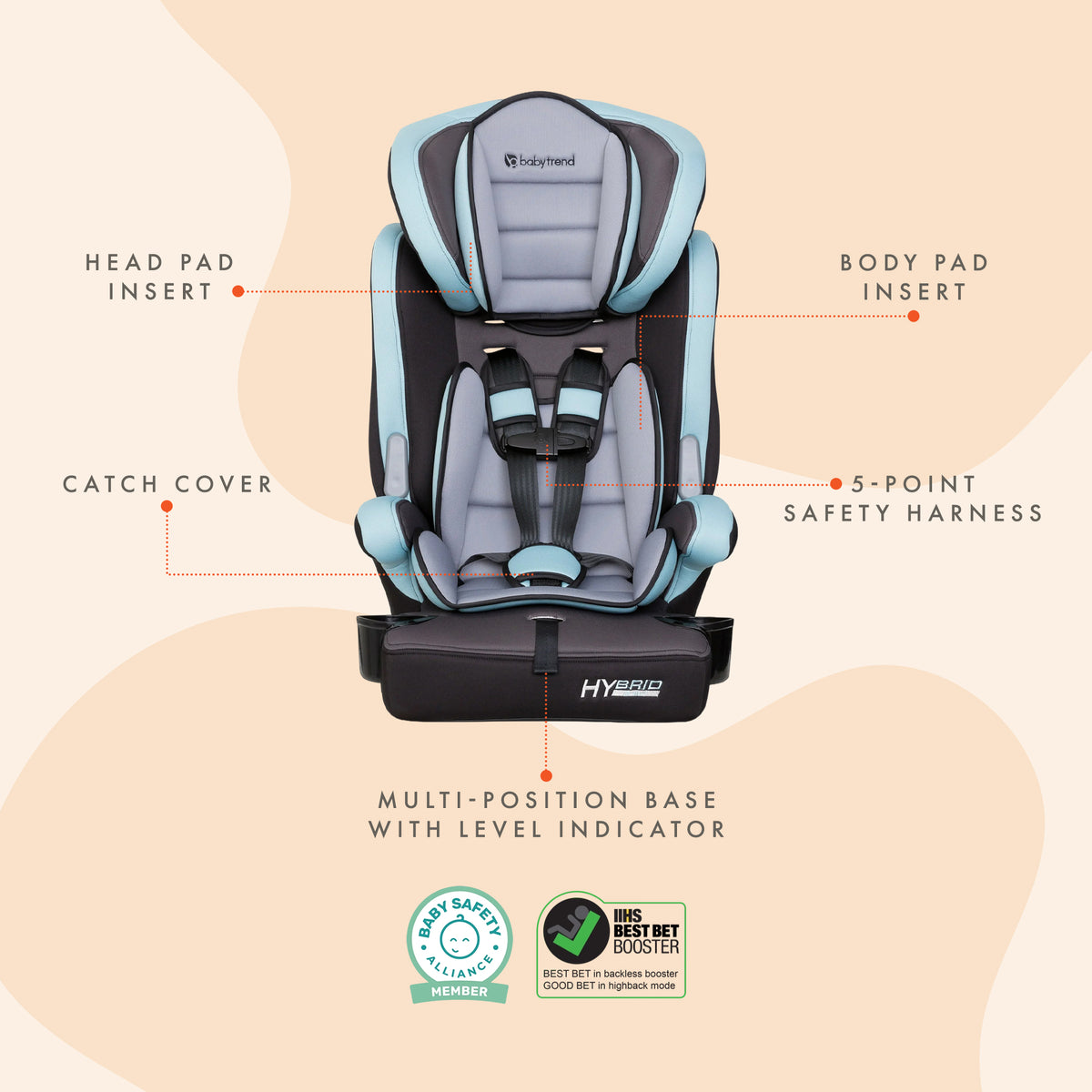 Baby Trend Hybrid 3-in-1 Booster Car Seat with 5-Point Safety Harness, Blue