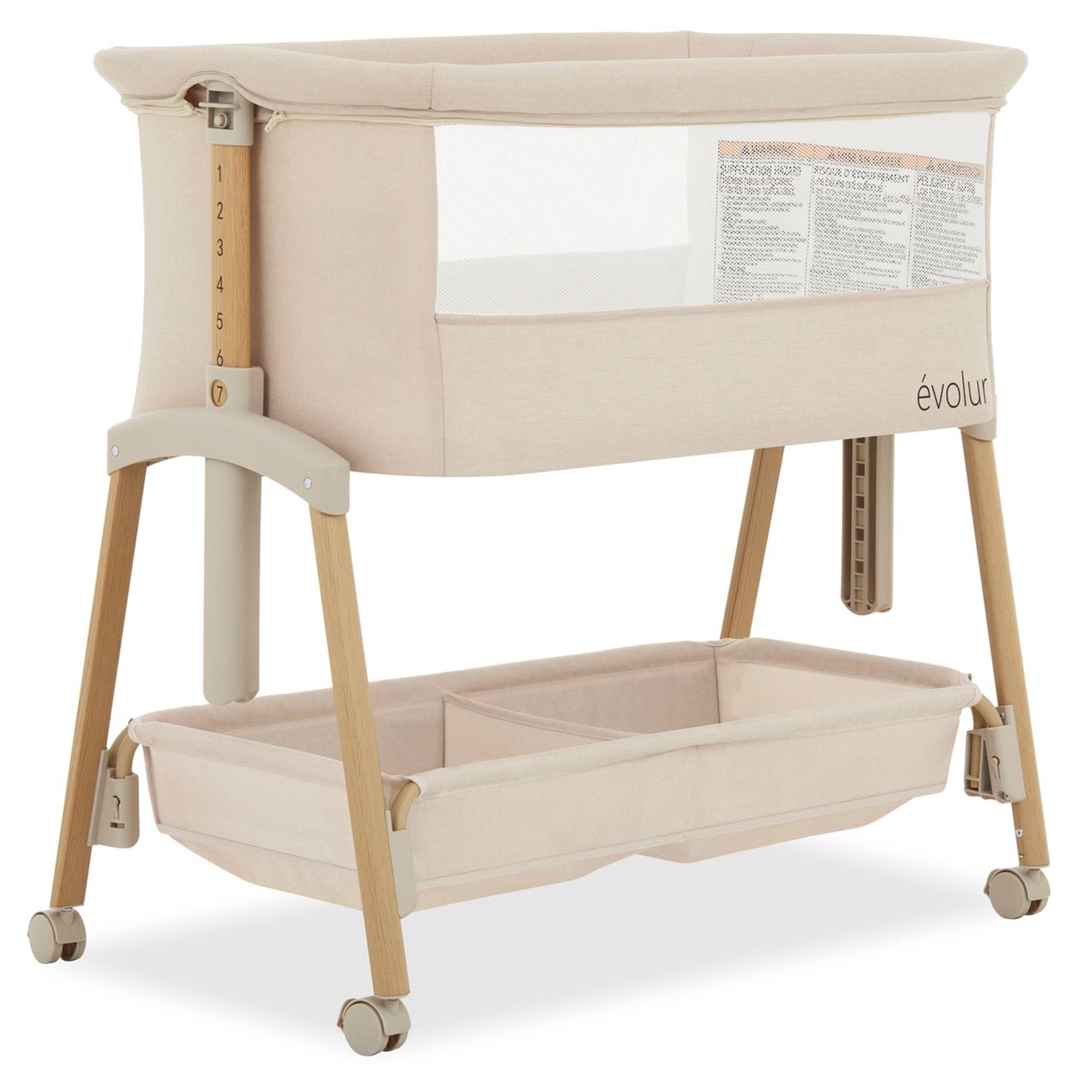 Evolur 33.5 Inch Lullaby Portable Bassinet with Wheels, Beige