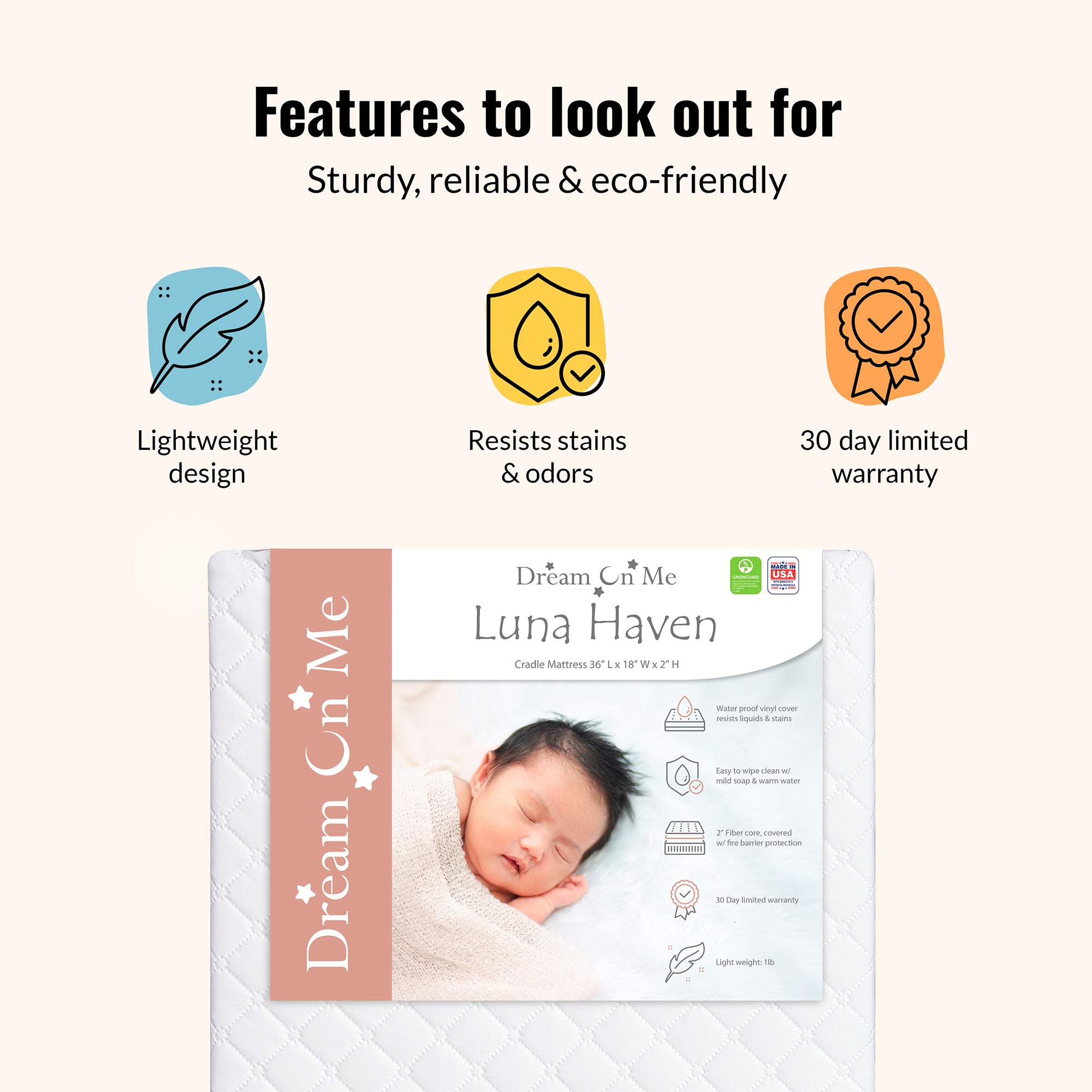 Dream on Me Holly 2 Inch Portable Crib Mattress, 36x18, Waterproof Cover