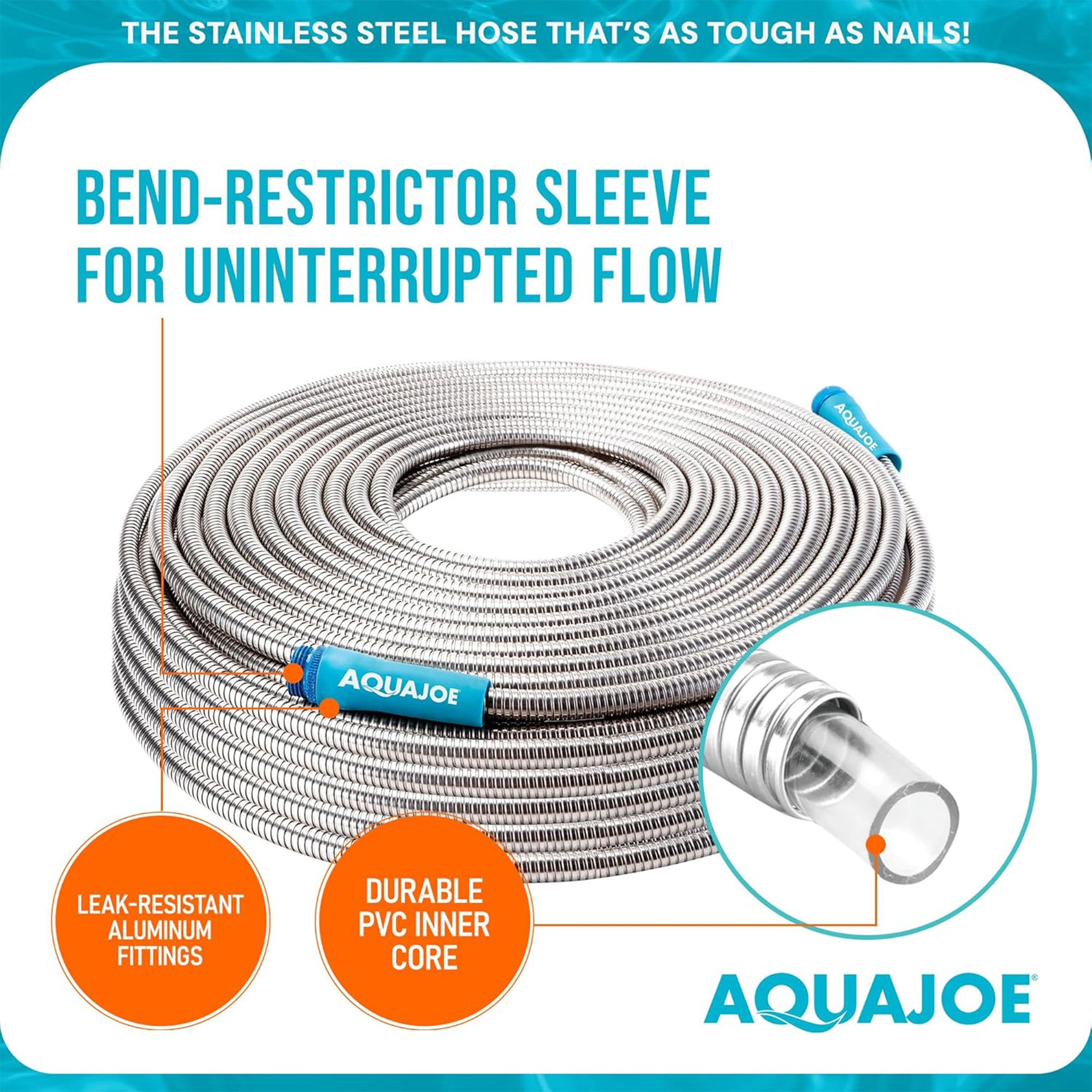Aqua Joe 100 Ft Heavy Duty Stainless Steel Garden Hose, 1/2" Diameter (Open Box)