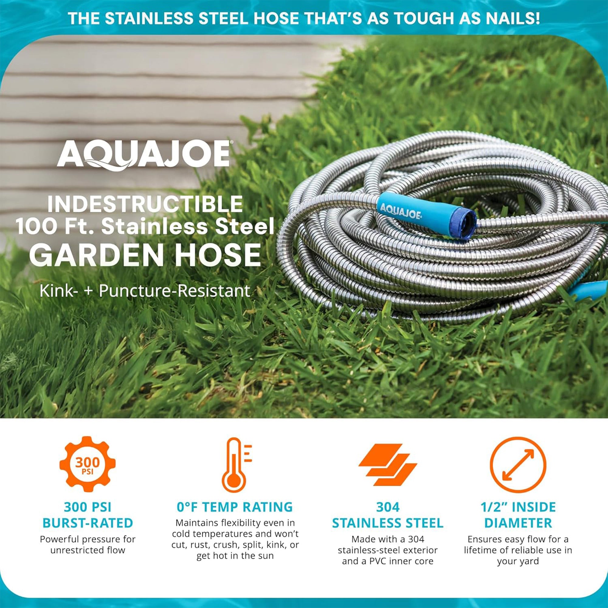 Aqua Joe 100 Ft Heavy Duty Stainless Steel Garden Hose, 1/2" Diameter (Open Box)