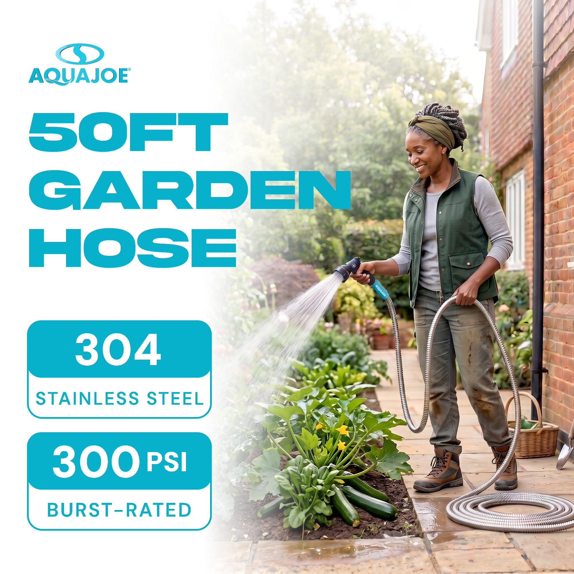 Aqua Joe 50 Ft Heavy Duty Stainless Steel Garden Hose, 1/2" Diameter, AJSGH50