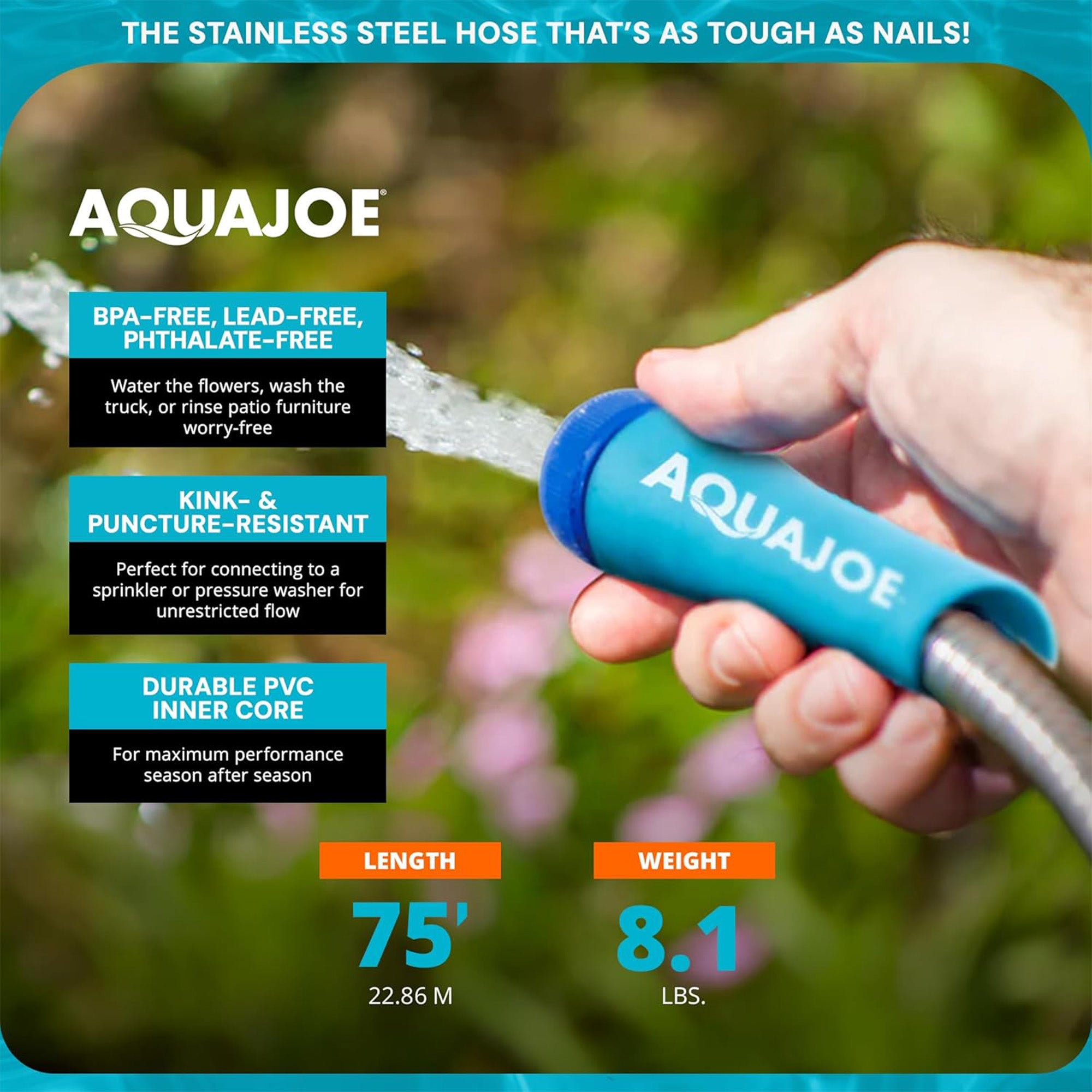 Aqua Joe 75 Ft Heavy Duty Stainless Steel Garden Hose, 1/2" Diameter (Open Box)
