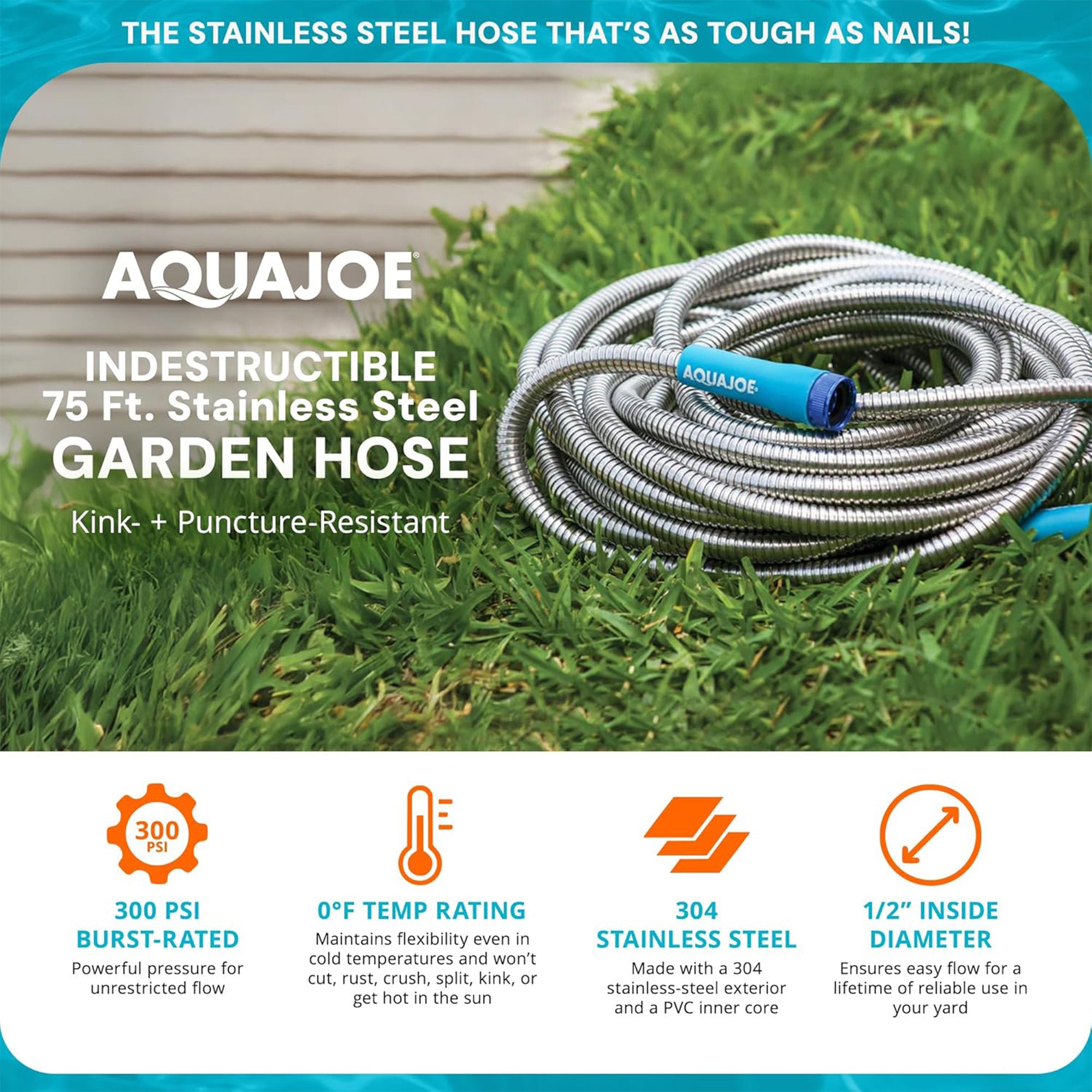 Aqua Joe 75 Ft Heavy Duty Stainless Steel Garden Hose, 1/2" Diameter (Open Box)