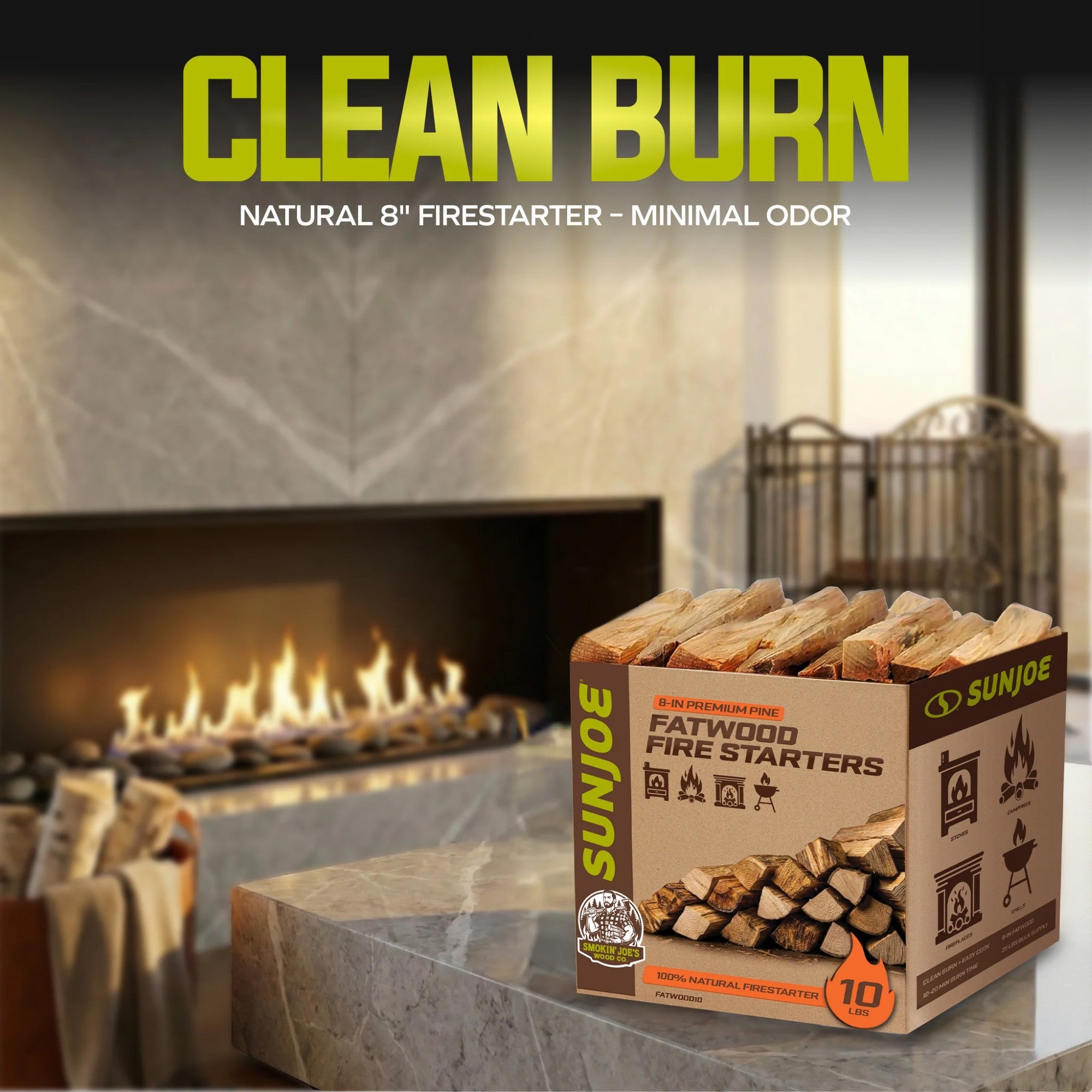 Sun Joe 10 Lb Fatwood Fire Starter Sticks for Fireplace, & Pits Use - VMInnovations