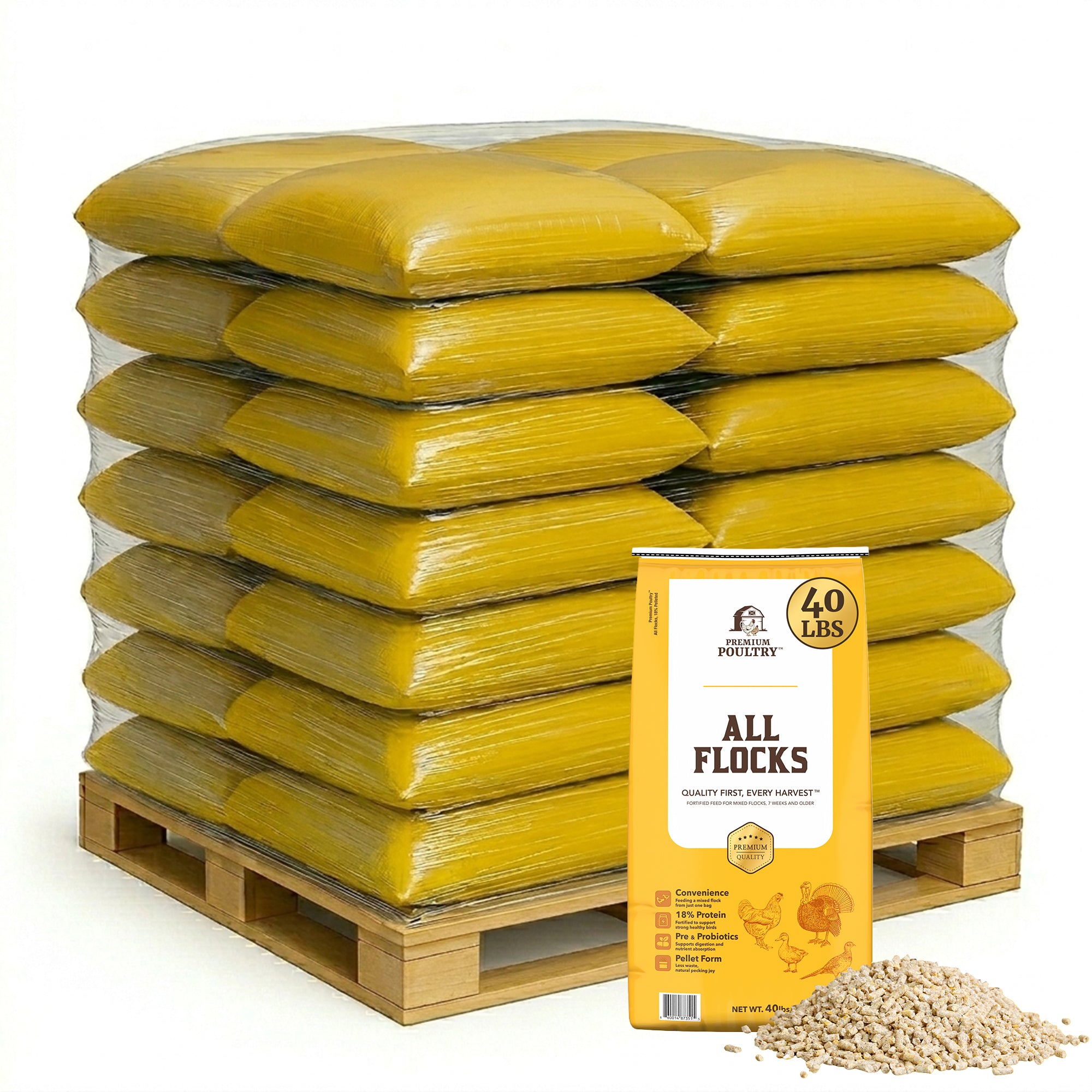 Premium Poultry All Flocks Feed Pellets, 18% Protein for Mixed Flocks, 2000 lbs