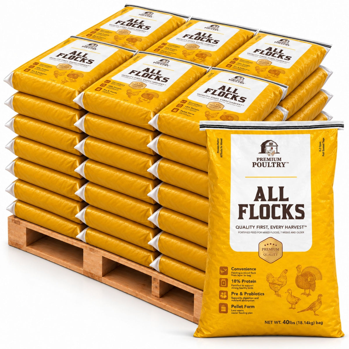 Premium Poultry All Flocks Feed Pellets, 18% Protein for Mixed Flocks, 2000 lbs