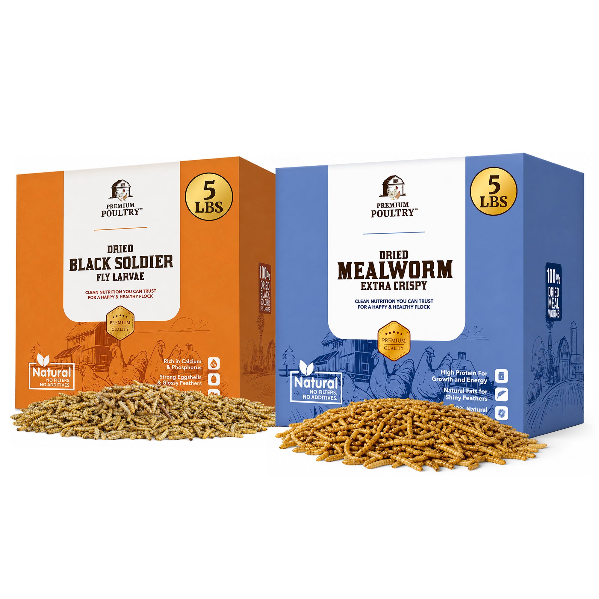 Premium Poultry 5 lb Mealworms and 5 lb Black Soldier Fly Dried Chicken Feed