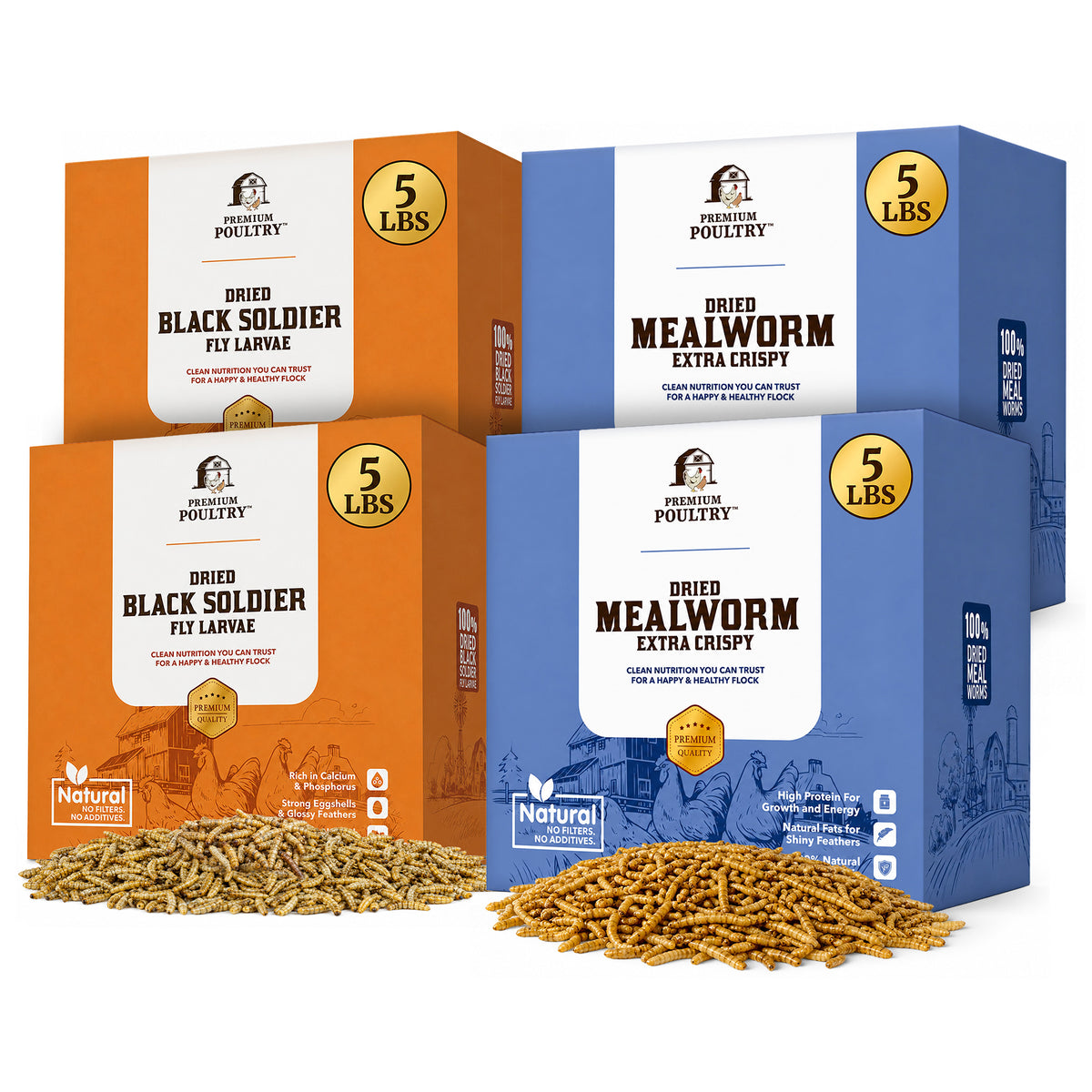 Premium Poultry 2 5 lb Mealworms & 2 5 lb Black Soldier Fly Dried Chicken Feed