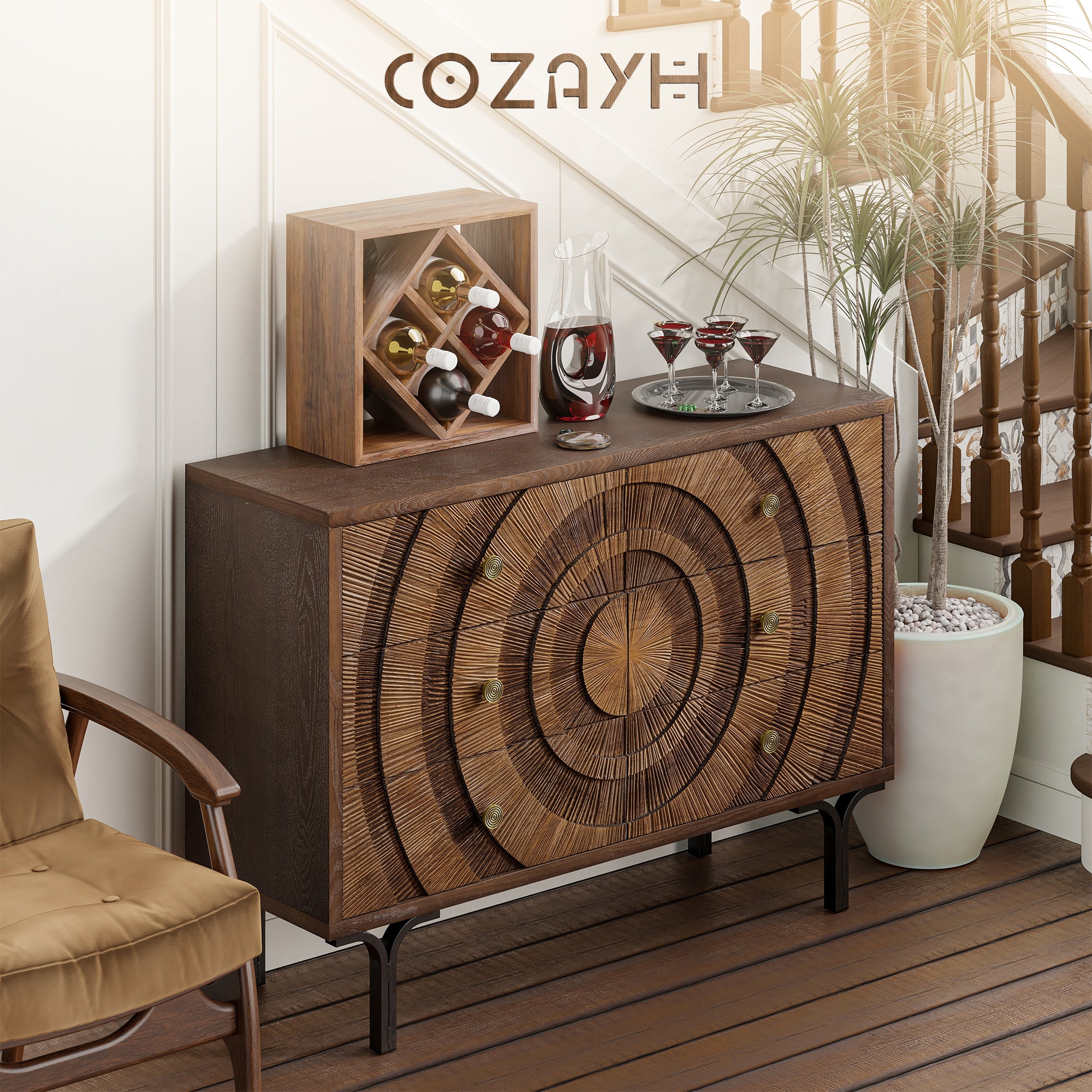 Aoikax Farmhouse 6-Drawer Dresser, Wooden Storage Chest with Circle Pattern - VMInnovations