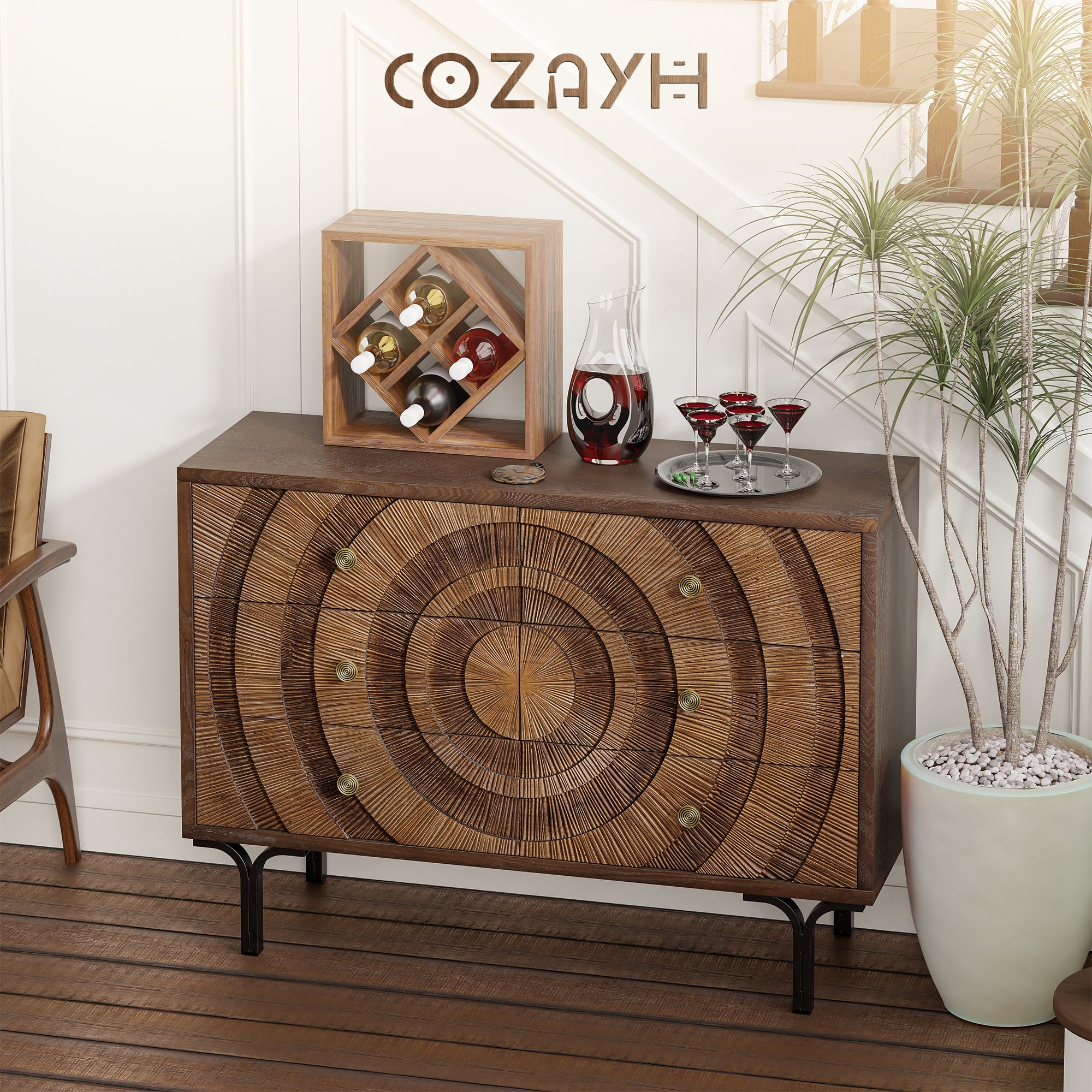 Aoikax Farmhouse 6-Drawer Dresser, Wooden Storage Chest with Circle Pattern - VMInnovations