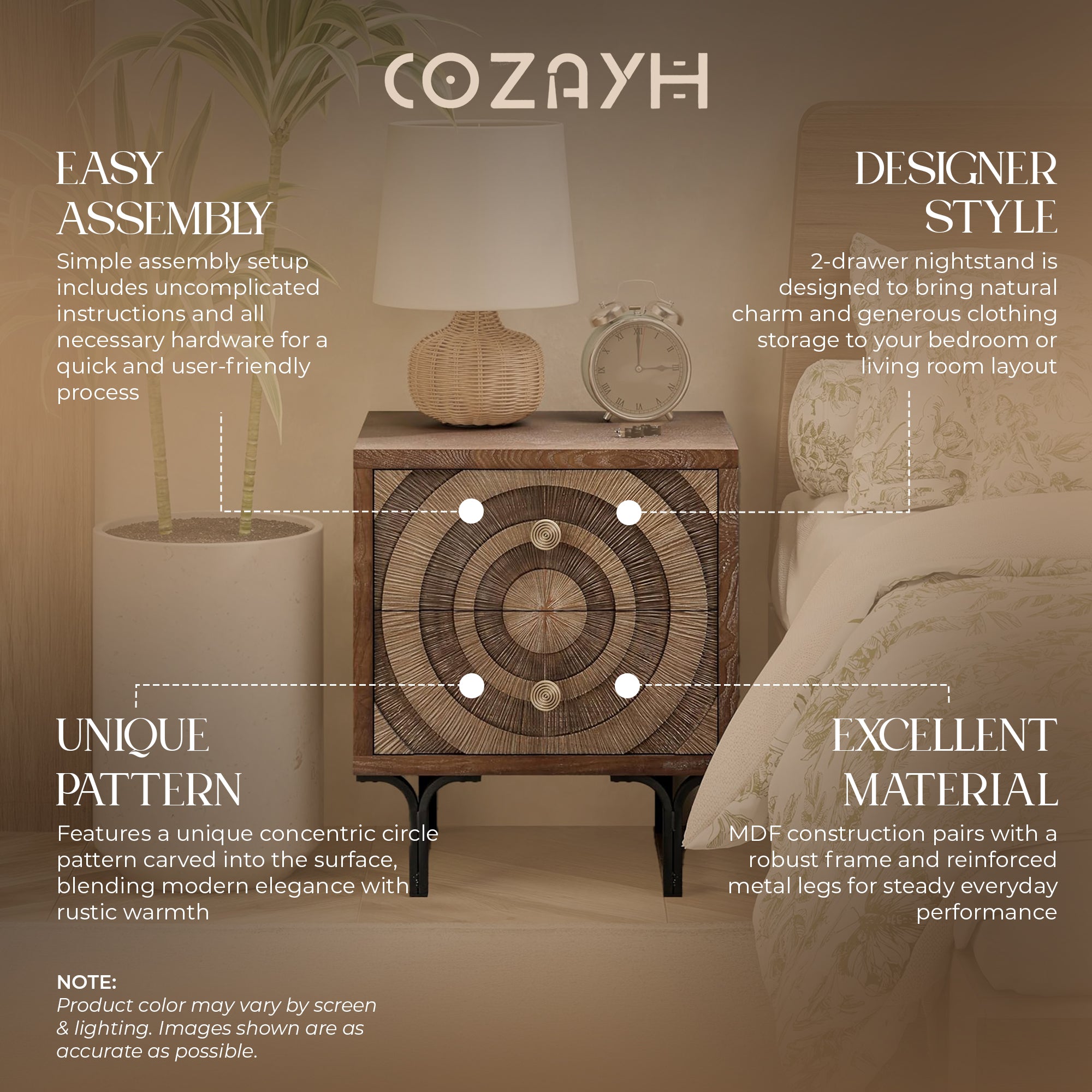 Aoikax Farmhouse 2-Drawer Nightstand, Wooden Storage Dresser with Circle Pattern