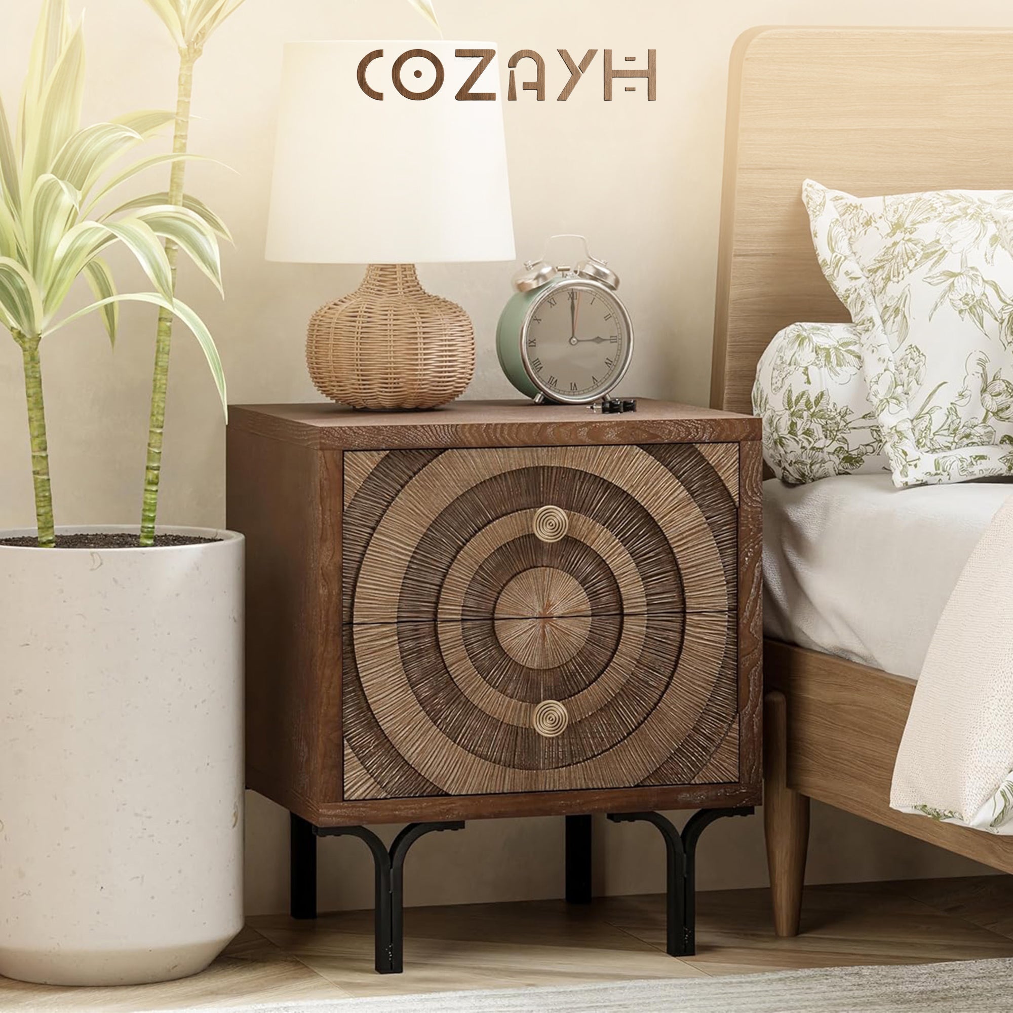 Aoikax Farmhouse 2-Drawer Nightstand, Wooden Storage Dresser with Circle Pattern