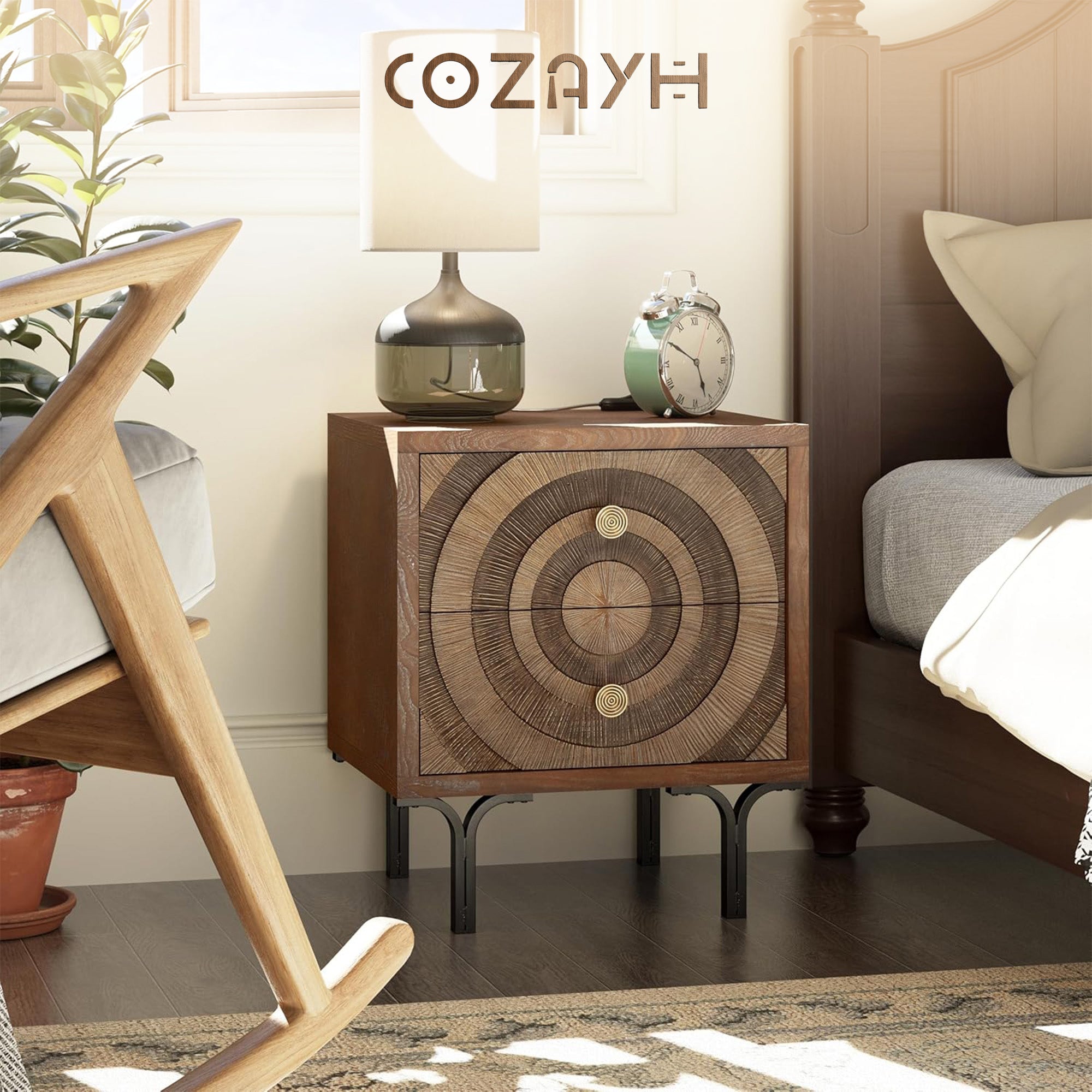 Aoikax Farmhouse 2-Drawer Nightstand, Wooden Storage Dresser with Circle Pattern