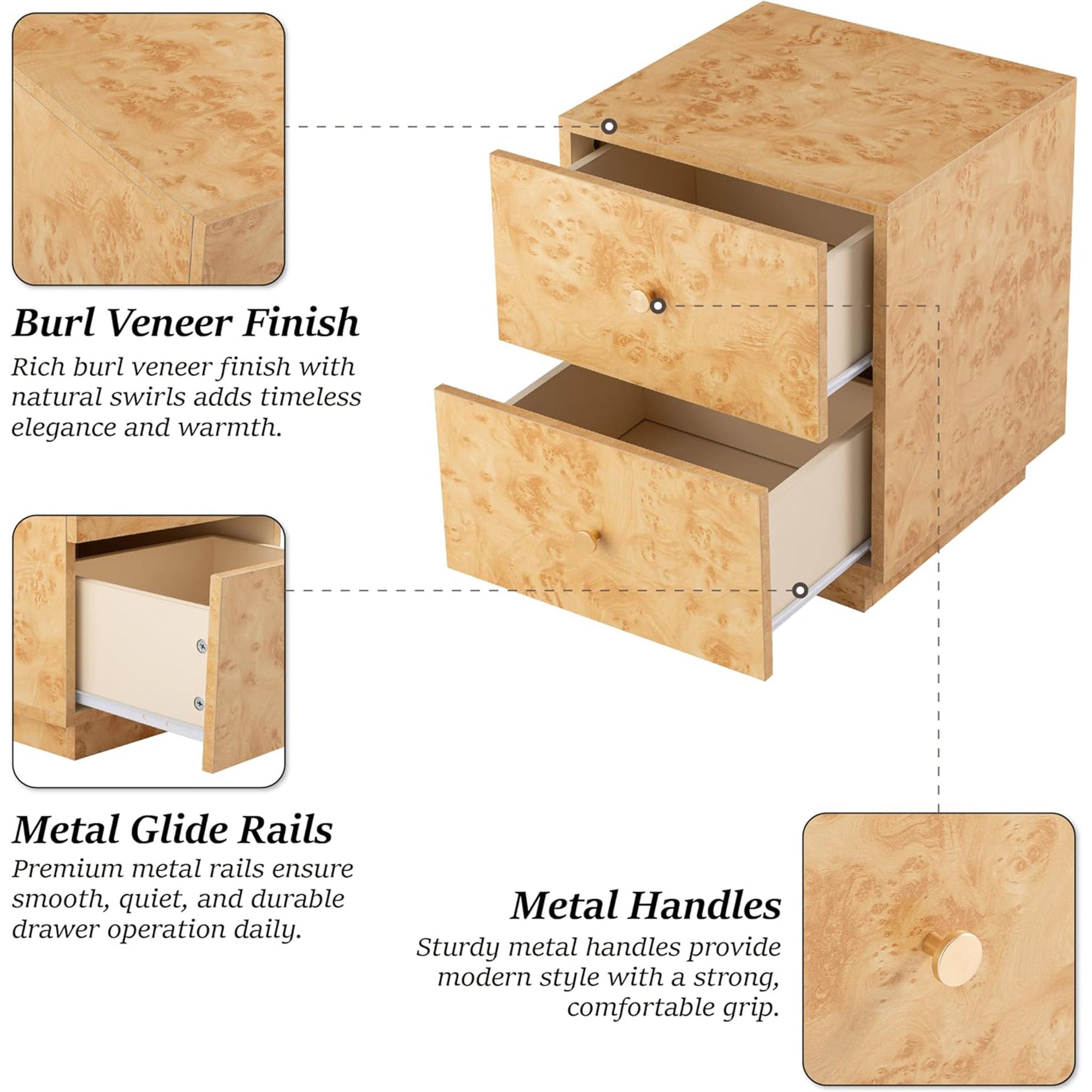Aoikax Modern 2-Drawer Nightstand, Burl Finish Bedside Storage Table, Brown