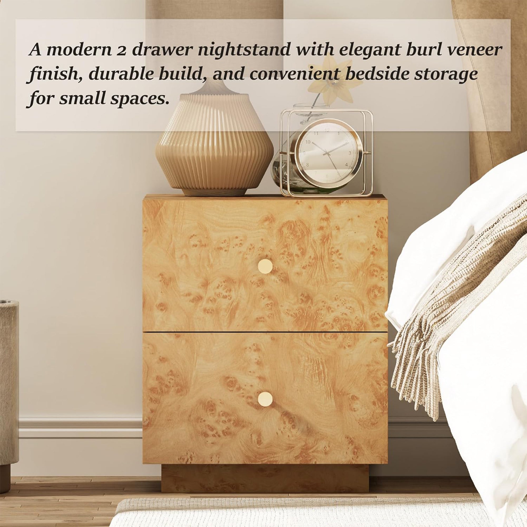 Aoikax Modern 2-Drawer Nightstand, Burl Finish Bedside Storage Table, Brown