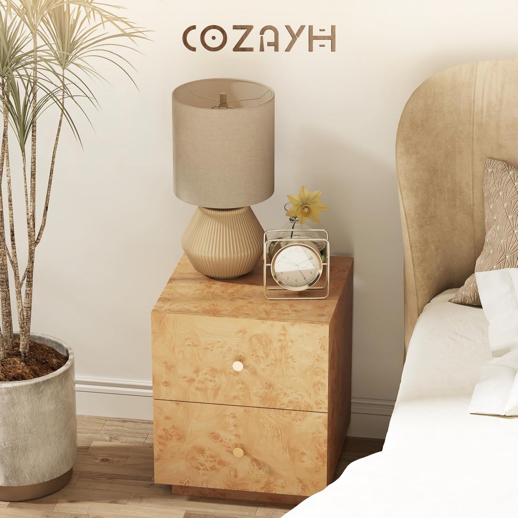 Aoikax Modern 2-Drawer Nightstand, Burl Finish Bedside Storage Table, (Open Box)