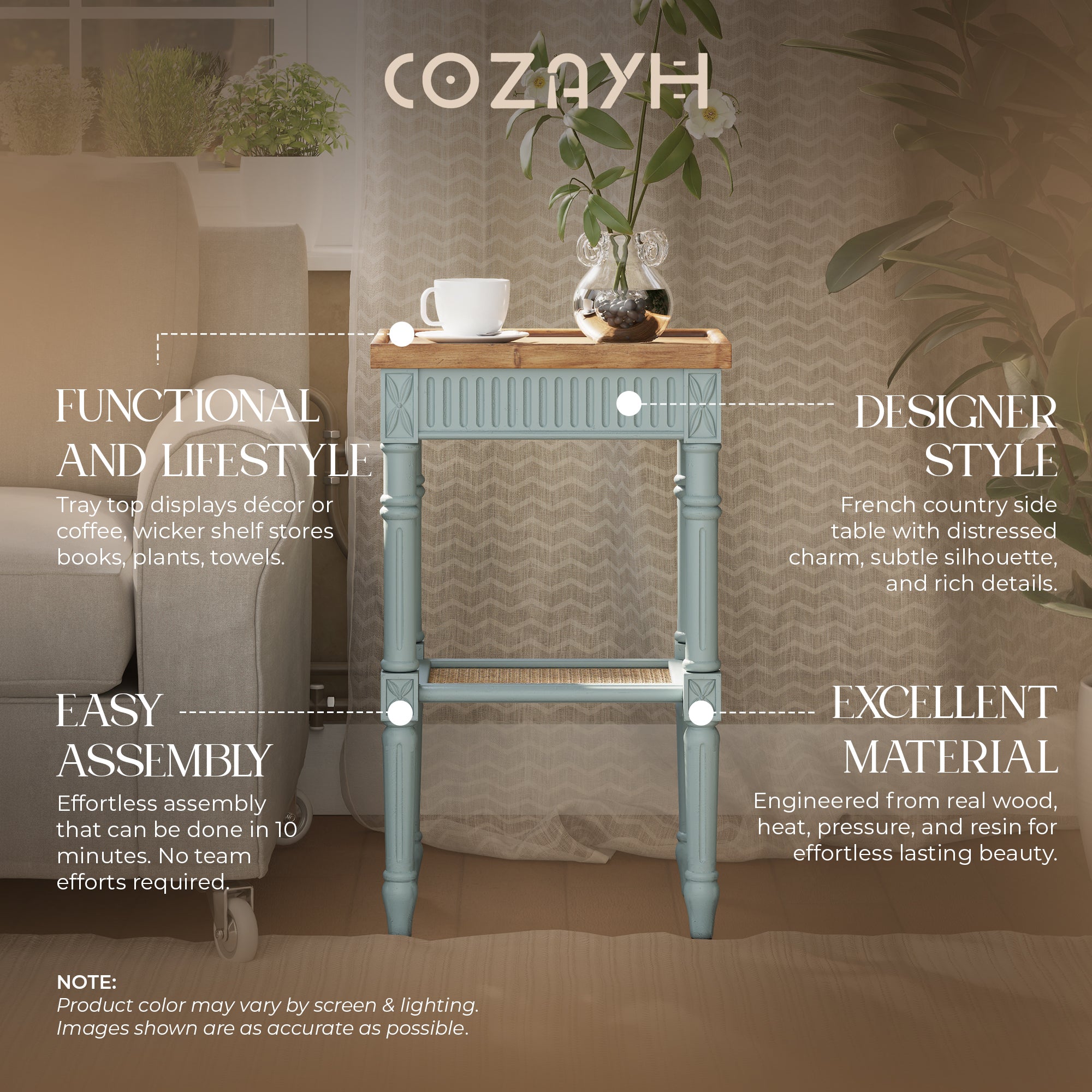 COZAYH French Country Accent End Table, Wood Tray Top Side Table, Pale Mint Blue