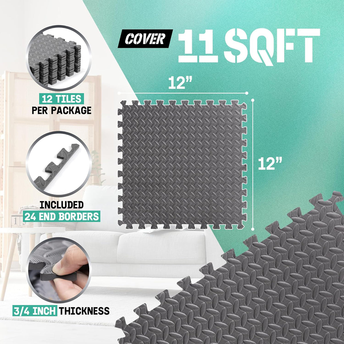 Yes4All Interlocking Foam Exercise Mat, 3/4" Thick, 12"x12", 11 Sq Ft,(Open Box)