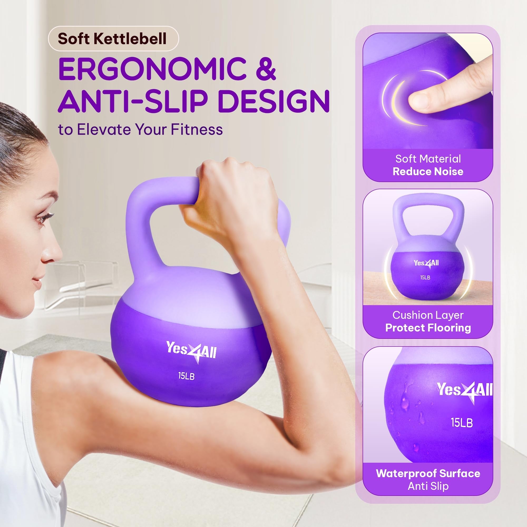 Yes4All 15 Pound Kettlebell, Single Soft Vinyl Home Gym Hand Weight, Purple - VMInnovations
