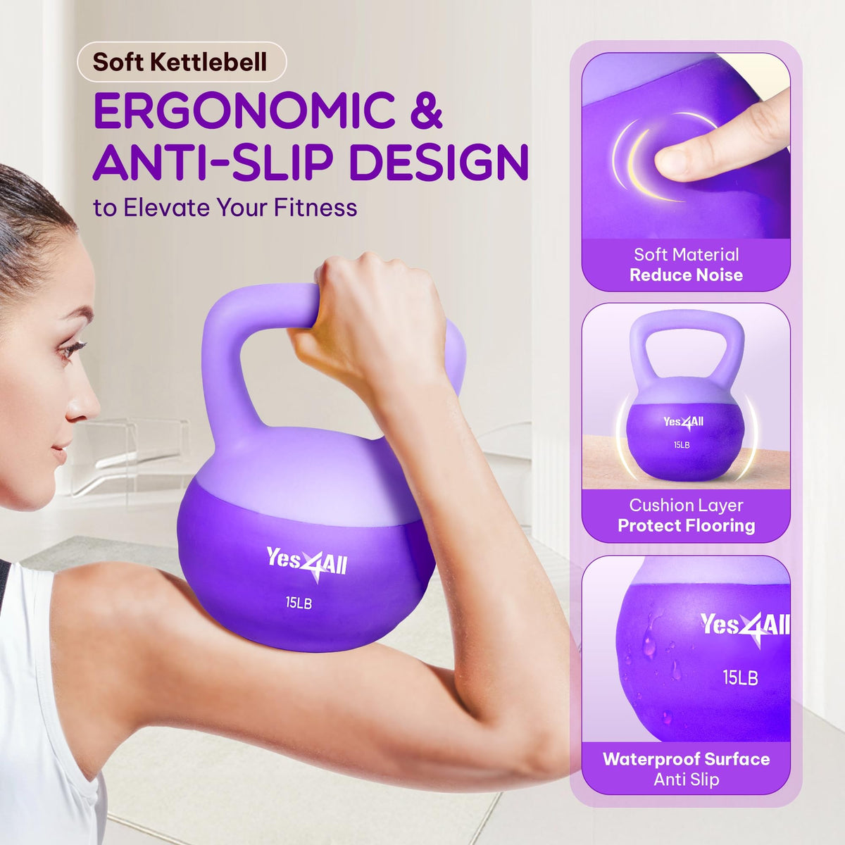 Yes4All 15 Pound Kettlebell, Single Soft Vinyl Home Gym Hand Weight, (Open Box) - VMInnovations