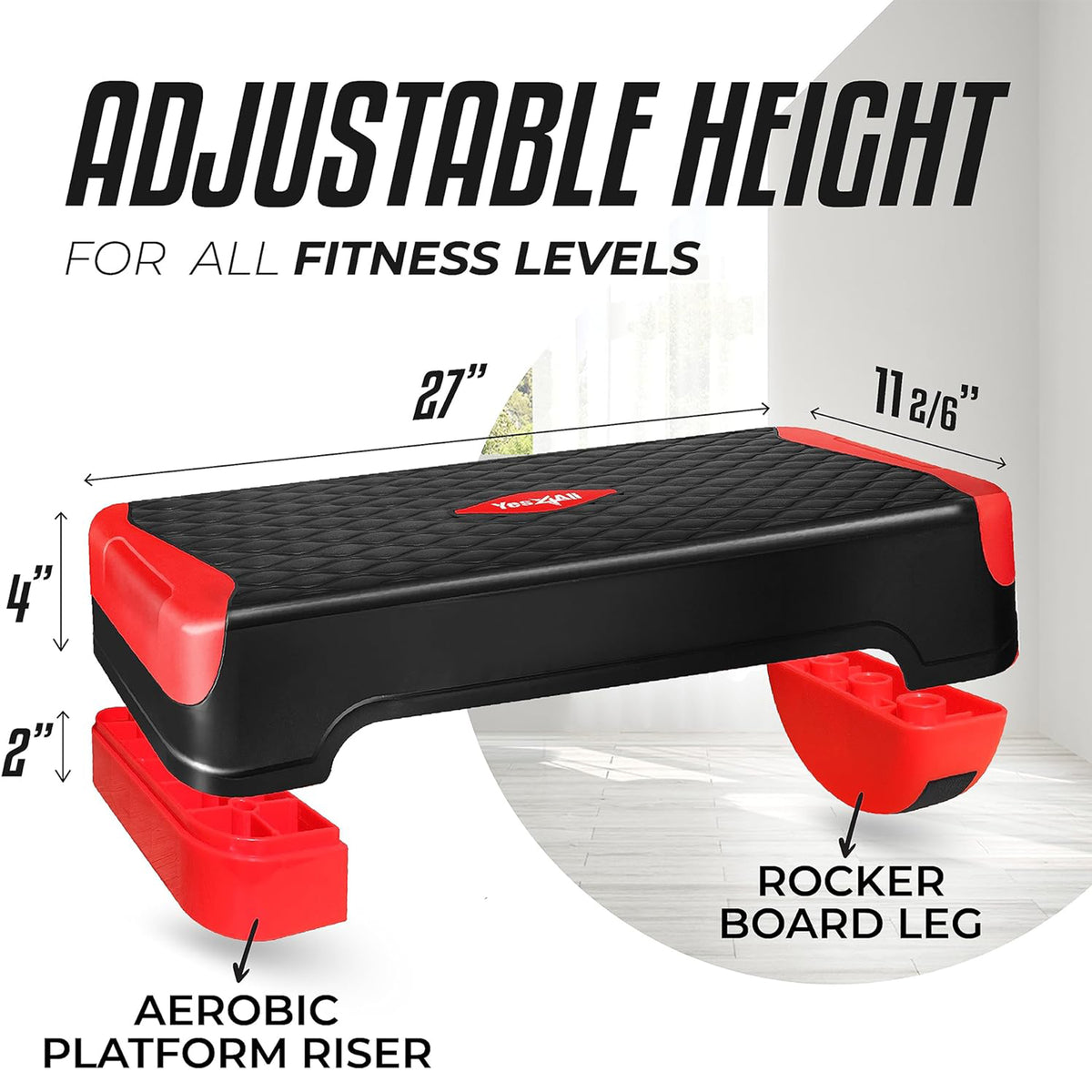 Yes4All 2-in-1 Adjustable Aerobic Step Platform, Fitness Exercise Stepper, Red - VMInnovations