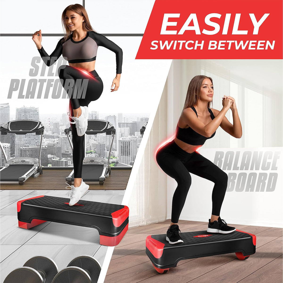 Yes4All 2-in-1 Adjustable Aerobic Step Platform, Fitness Exercise Stepper, Red - VMInnovations