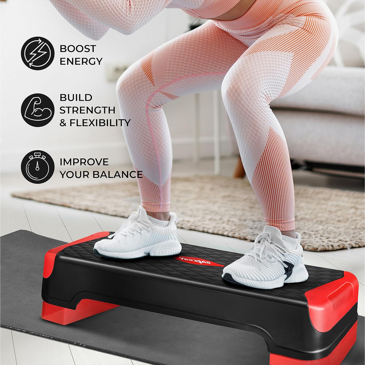 Yes4All 2-in-1 Adjustable Aerobic Step Platform, Fitness Exercise Stepper, Red - VMInnovations