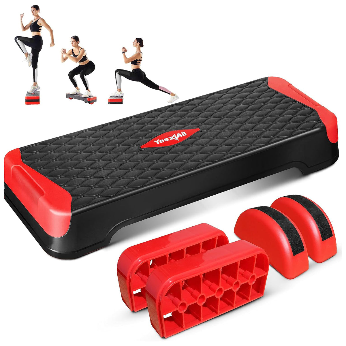 Yes4All 2-in-1 Adjustable Aerobic Step Platform, Fitness Exercise Stepper, Red - VMInnovations
