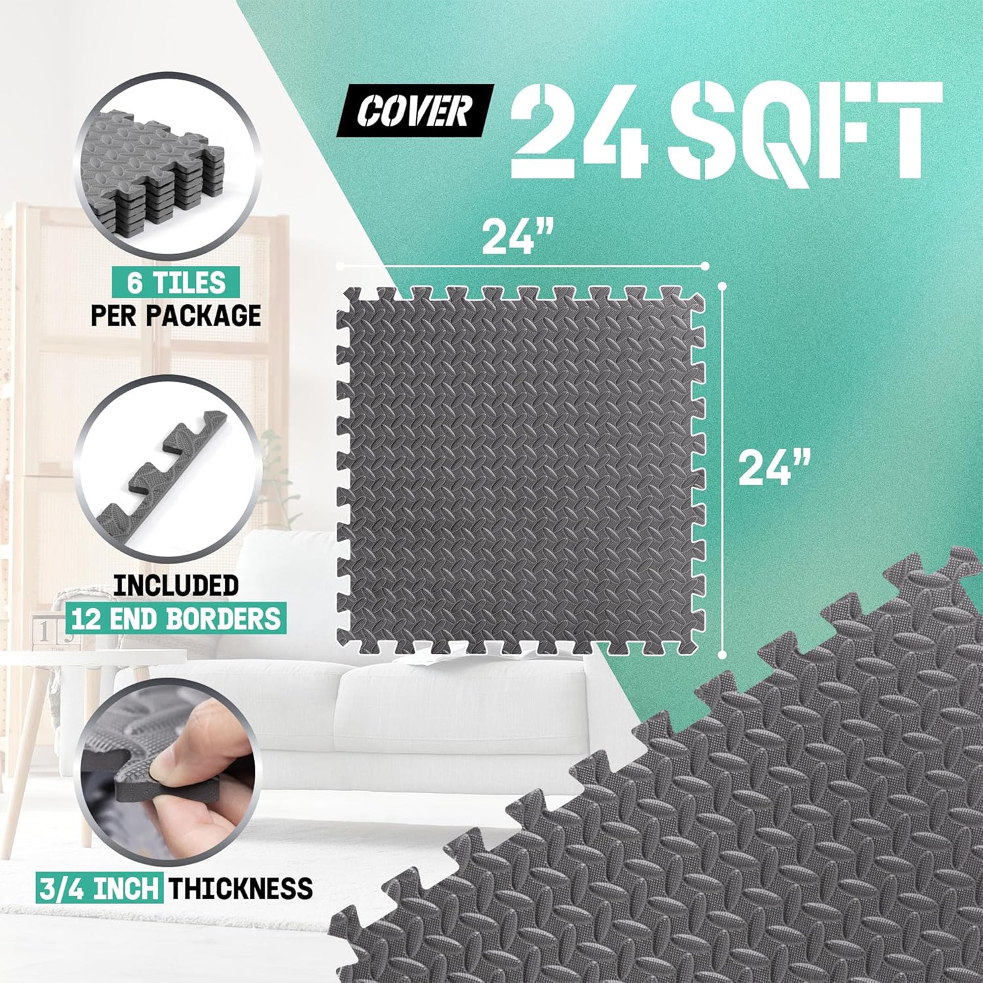 Yes4All Interlocking Foam Exercise Mat, 3/4" Thick, 24"x24", Grey (Open Box)