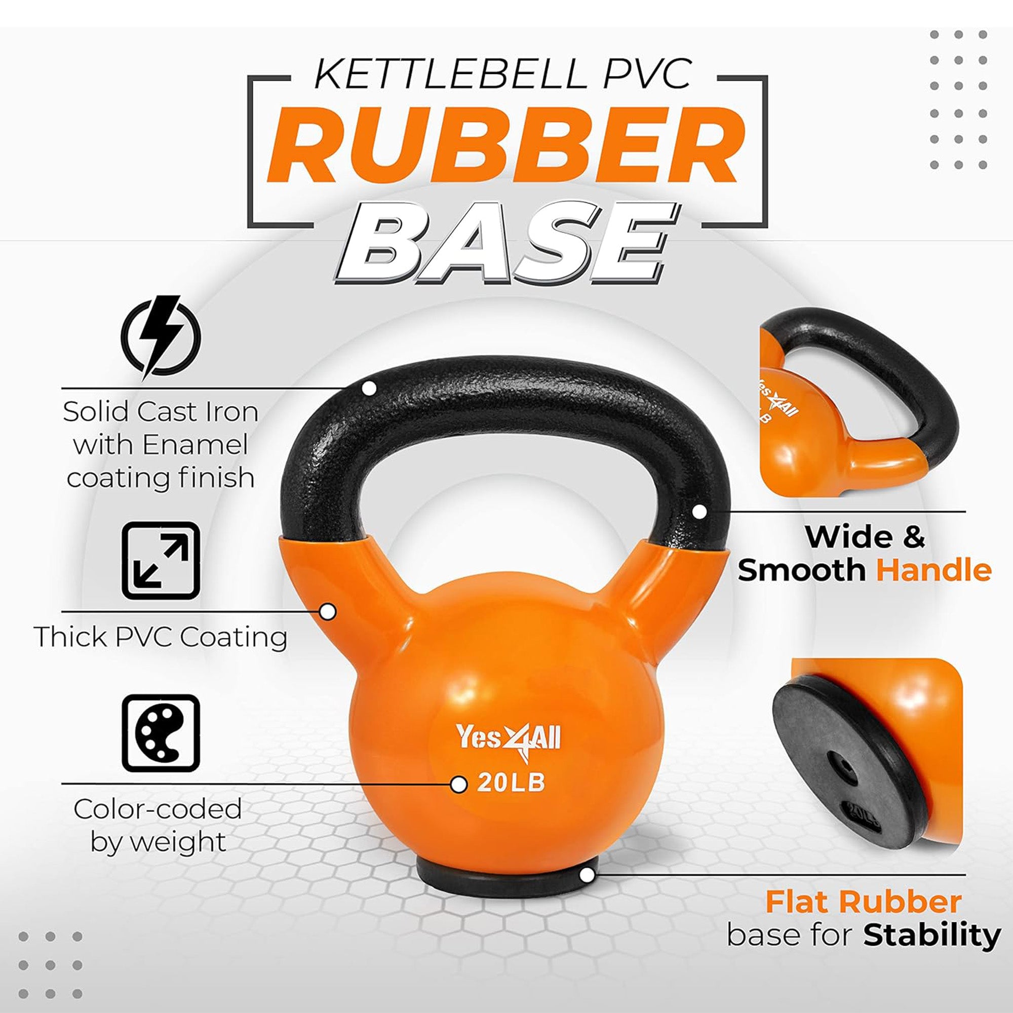 Yes4All 20lbs Kettlebell, Vinyl Coated Cast Iron Weight w/Rubber Base,(Open Box)