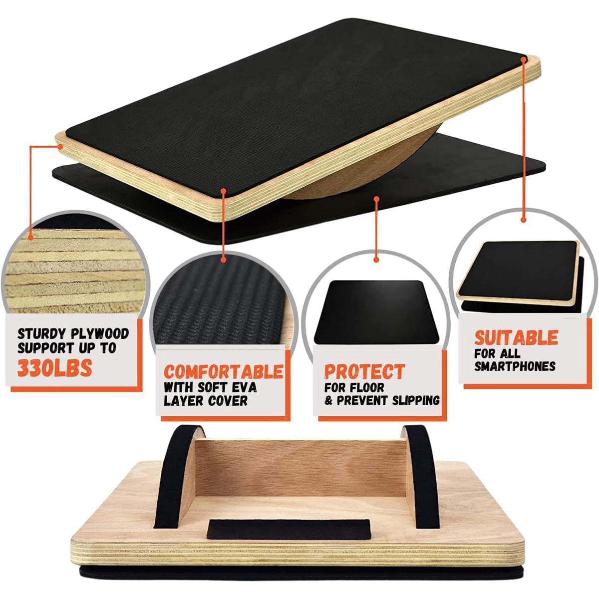 Yes4All 350 Lb Wooden Anti-Slip and Wobble Balance Board for Leg Workouts (Open Box)