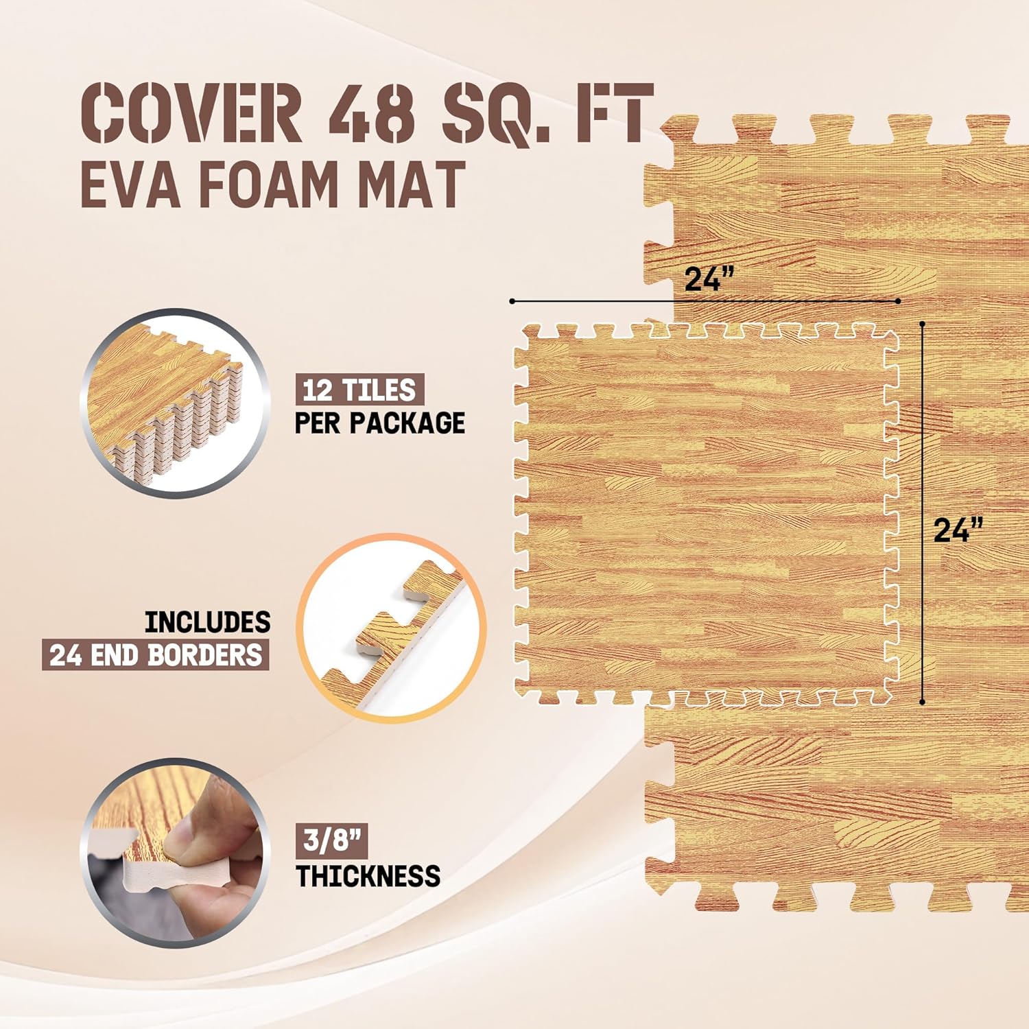 Yes4All Interlocking Foam Exercise Mat, 24"x24", Light Oak Wood (Open Box)