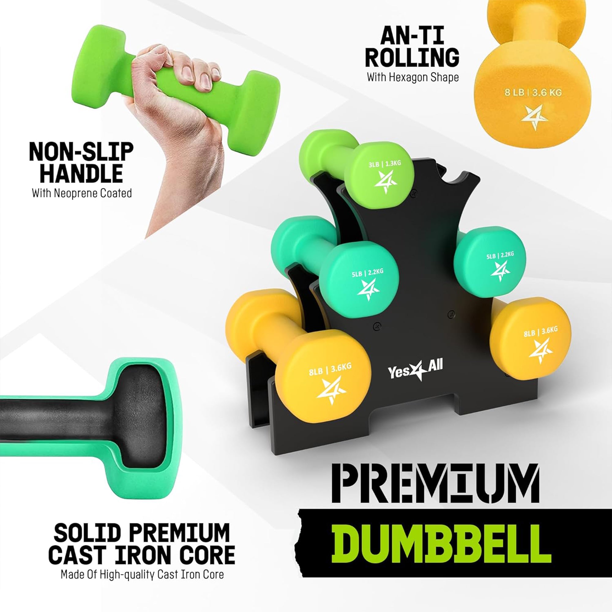 Yes4All Neoprene Dumbbell Set, Pair of 3, 5, 8 Pound Hand Weights with Rack - VMInnovations