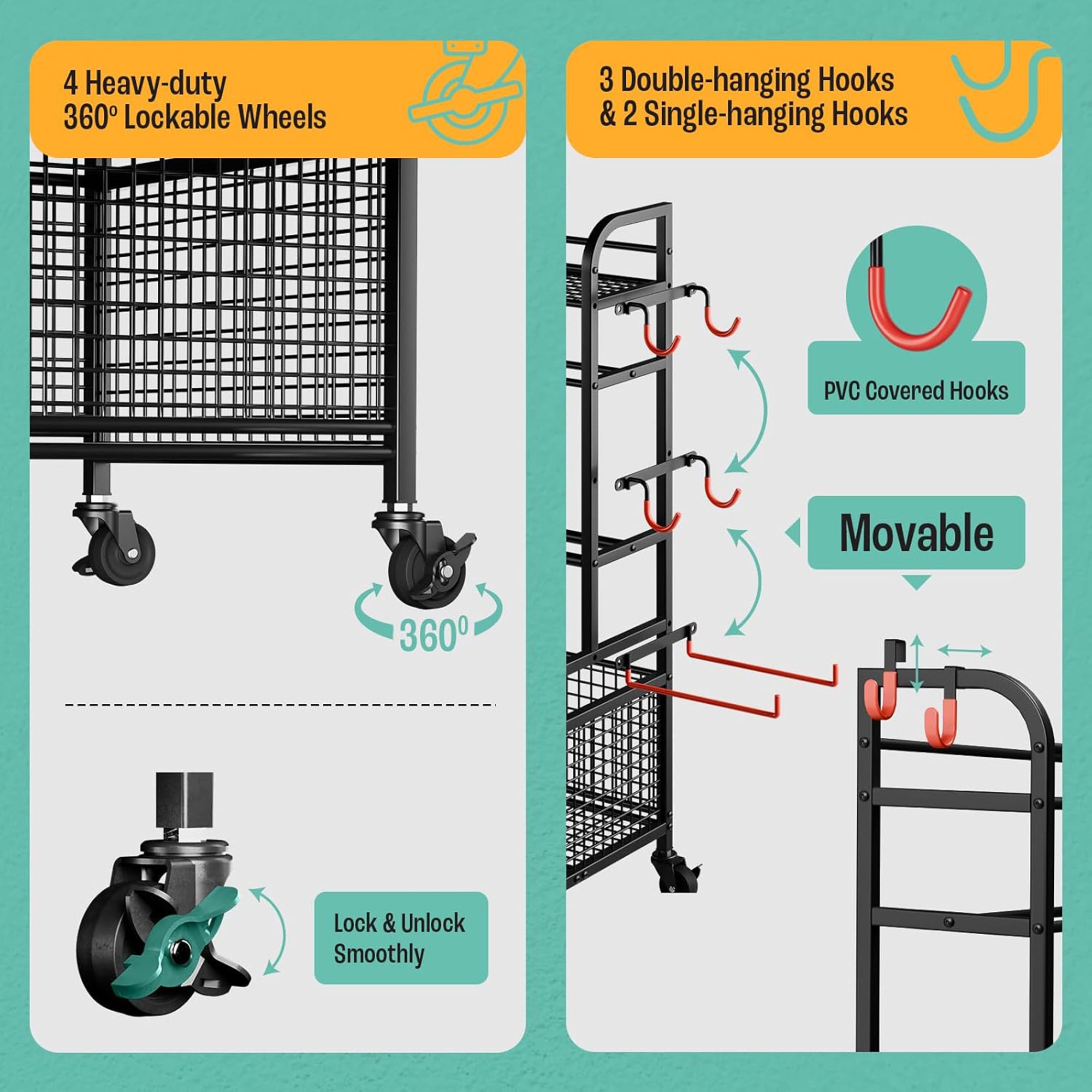 Yes4All Dumbbell Storage Rack, Home Gym Equipment Organizer with Wheels & Hooks - VMInnovations