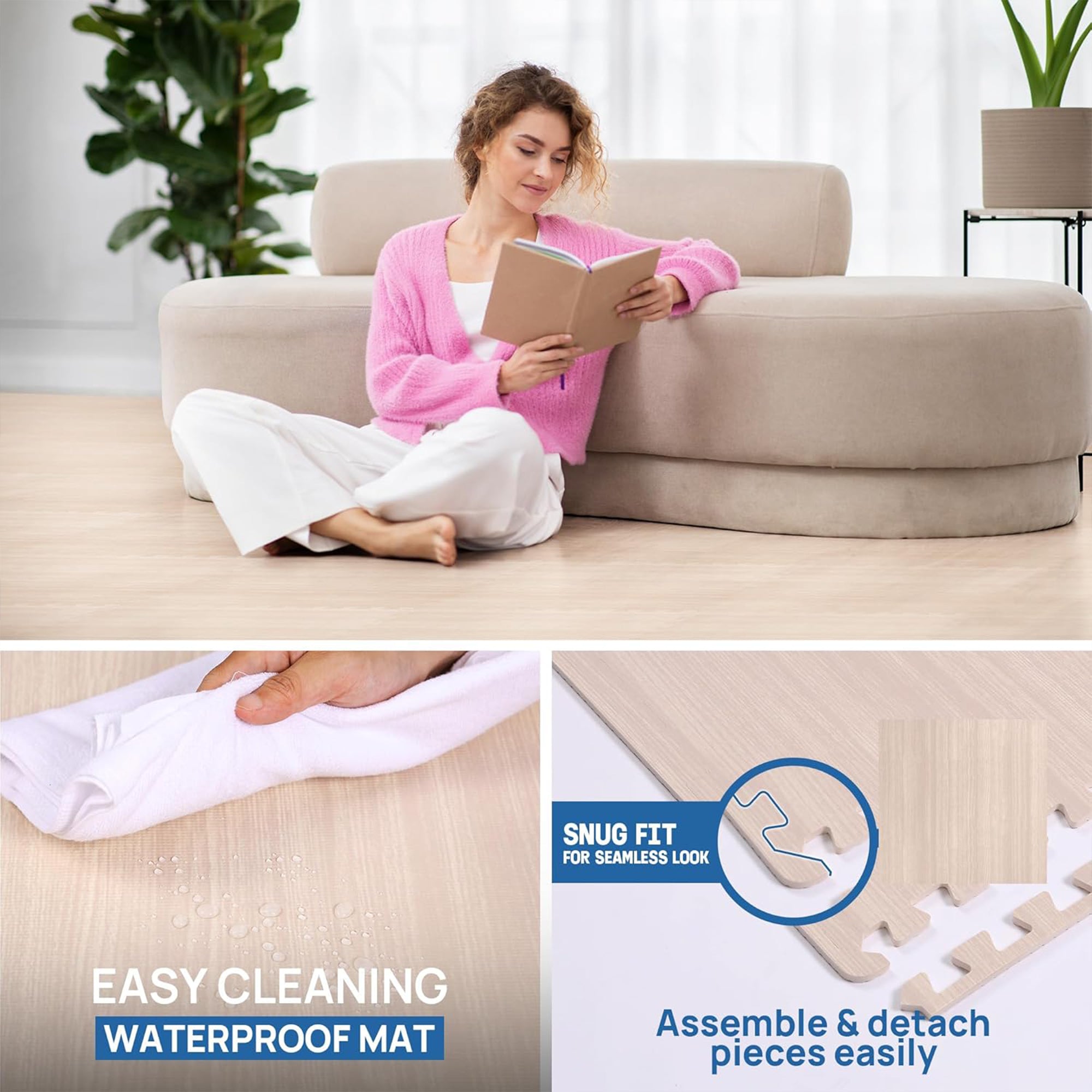 Yes4All Interlocking Foam Exercise Mat, 24"x24", 48 Sq Ft, Light Walnut Wood - VMInnovations