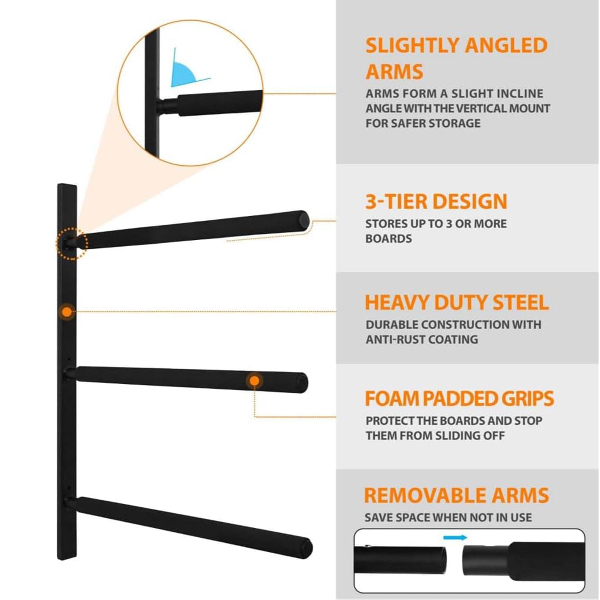 Yes4All Steel Wall Mount Paddle Board Rack for Indoor or Outdoor Storage, Black - VMInnovations