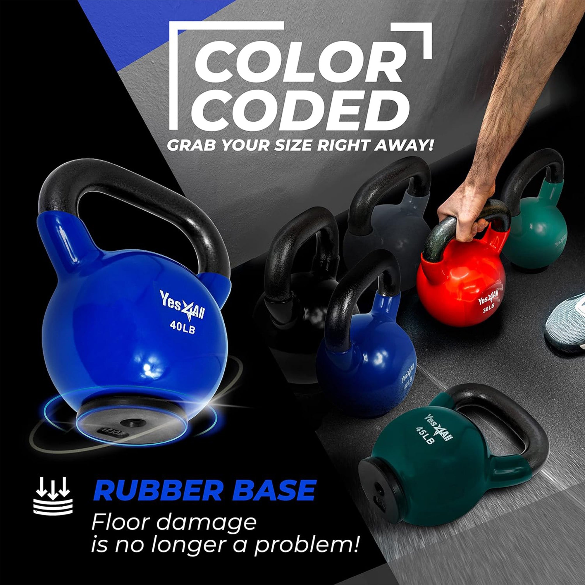 Yes4All 40 Pound Kettlebell, Vinyl Coated Cast Iron Weight w/Rubber Base, Blue - VMInnovations