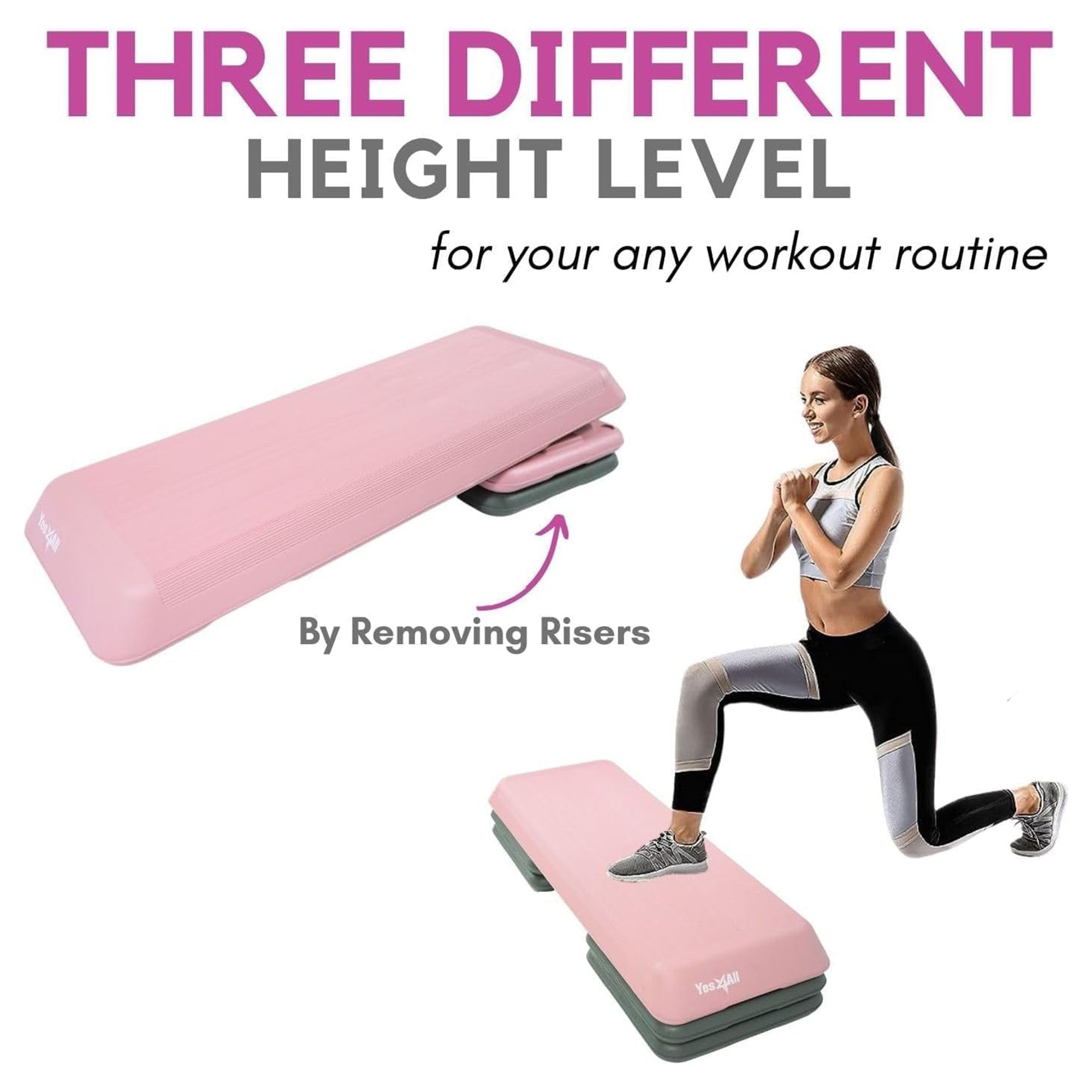 Yes4All Aerobic Deck Step Platform with 4 Risers, Health Club Size, Pink/Grey - VMInnovations