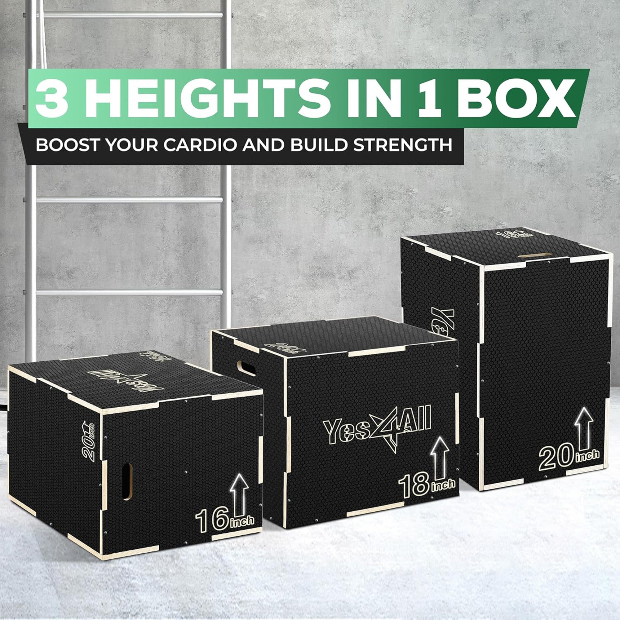 Yes4All 3-in-1 Wooden Plyo Box w/ Handles & Non-Slip Coating 20"L x 18"W x 16"H - VMInnovations