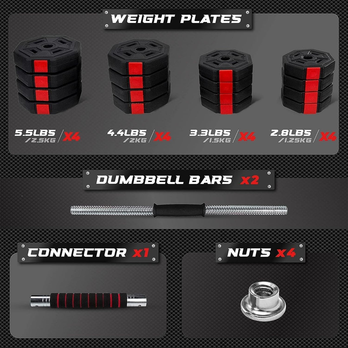 Yes4All Adjustable Dumbbell Set, Non-Slip Grip Free Weights, 66 lbs & Connector - VMInnovations