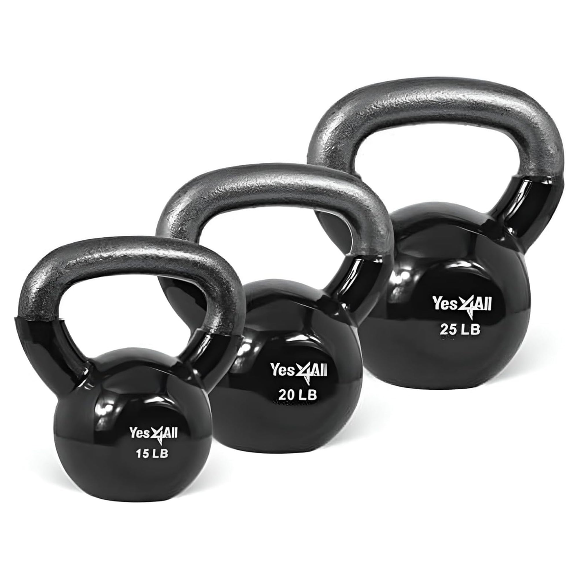 Yes4All 15, 20, & 25 Pound Kettlebell Set, Vinyl Coated Cast Iron Weights, Black - VMInnovations