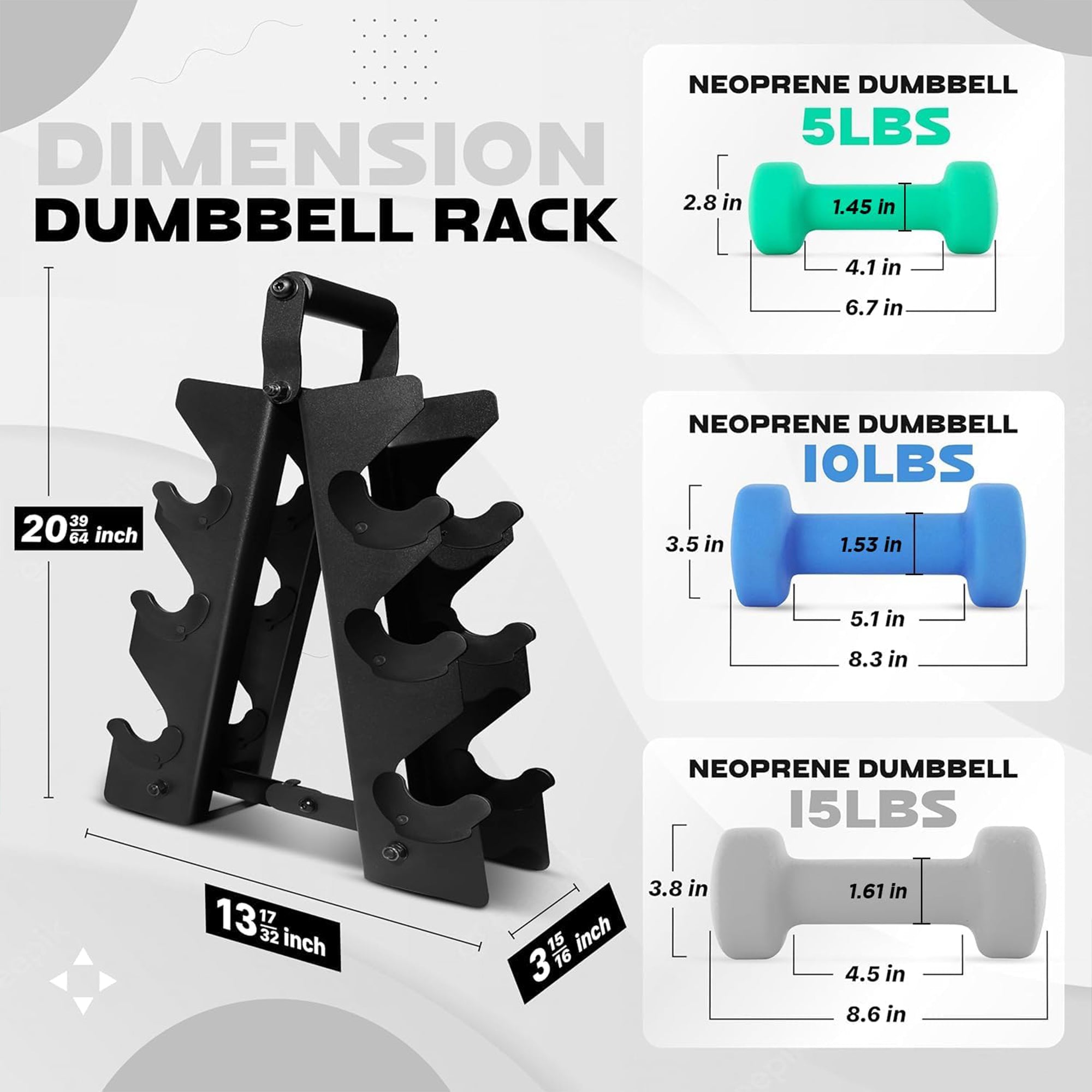 Neoprene Dumbbell Set, Pair of 5, 10, 15 Pound Hand Weights with Rack (Open Box) - VMInnovations